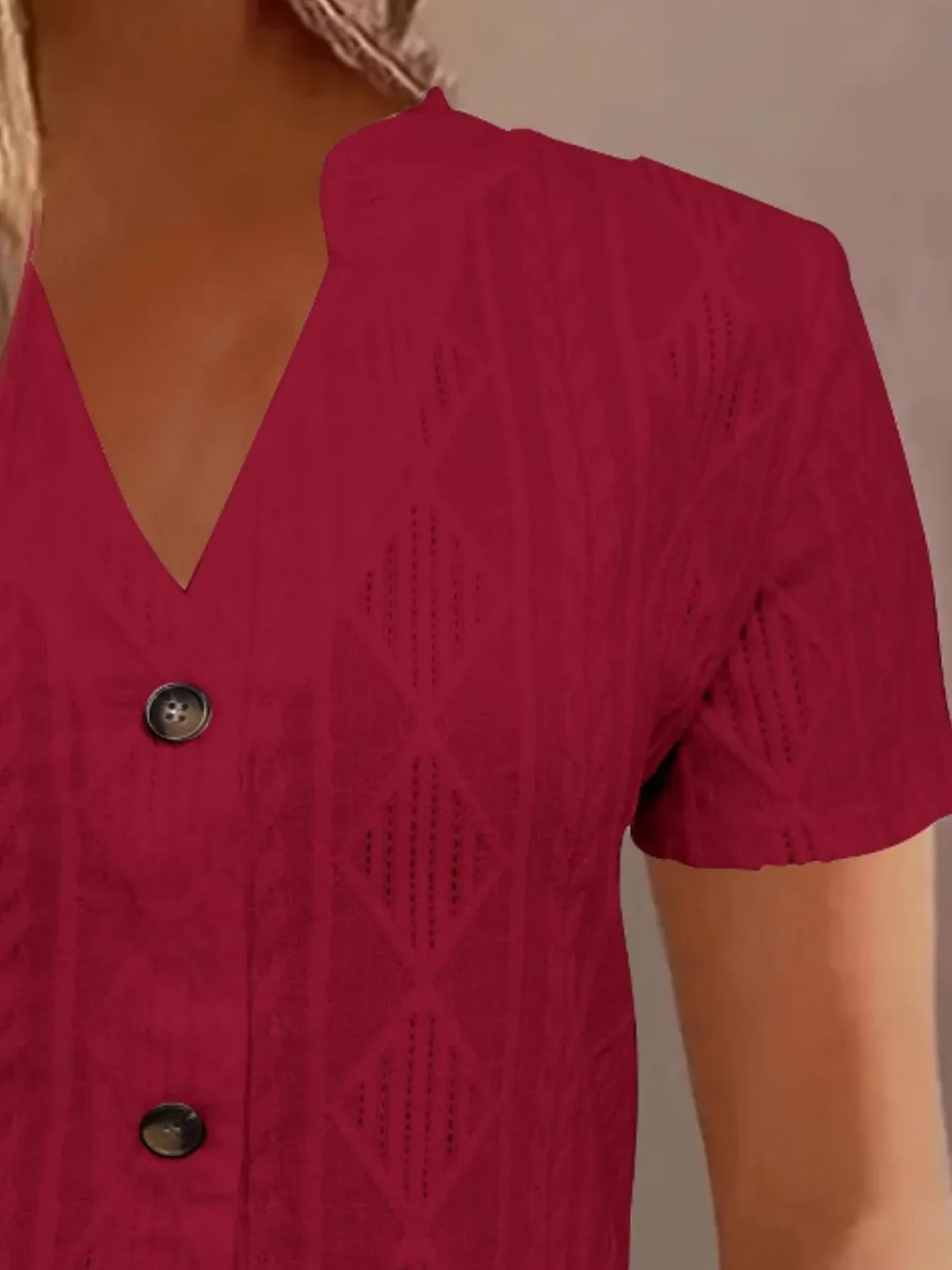 Textured Notched Short Sleeve Blouse - Image 9