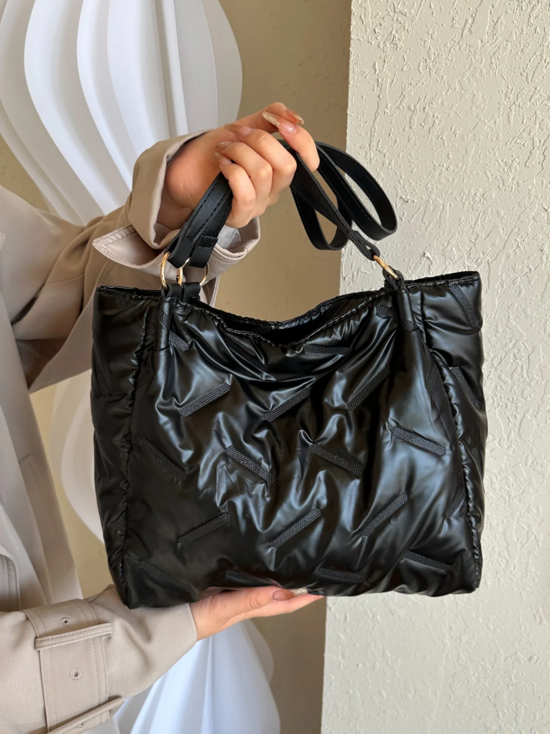 Textured Polyester Shoulder Bag - Image 9