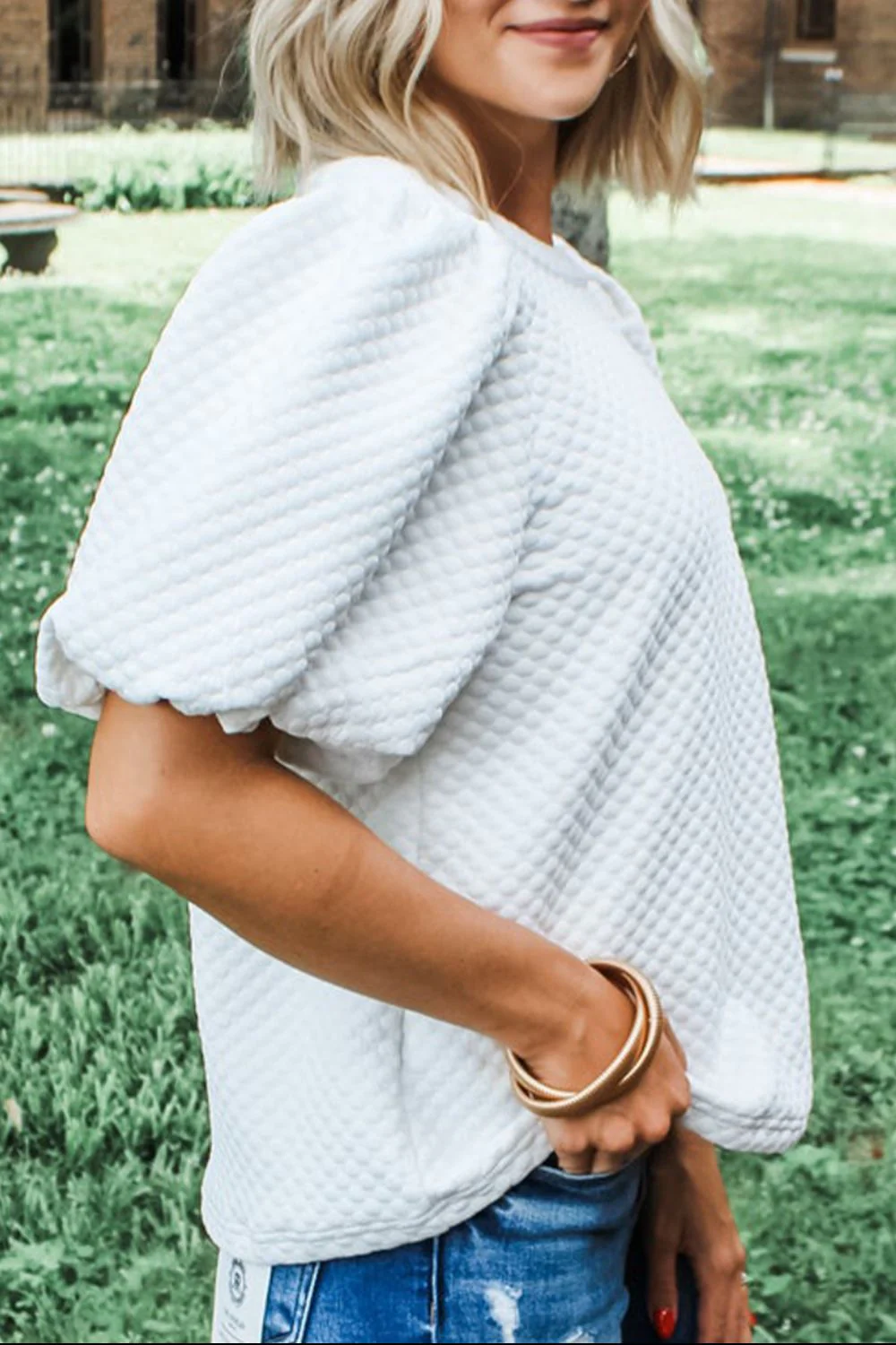 Textured Round Neck Puff Sleeve Blouse - Image 2