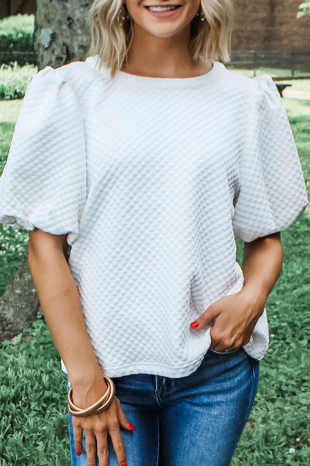 Textured Round Neck Puff Sleeve Blouse - Image 3