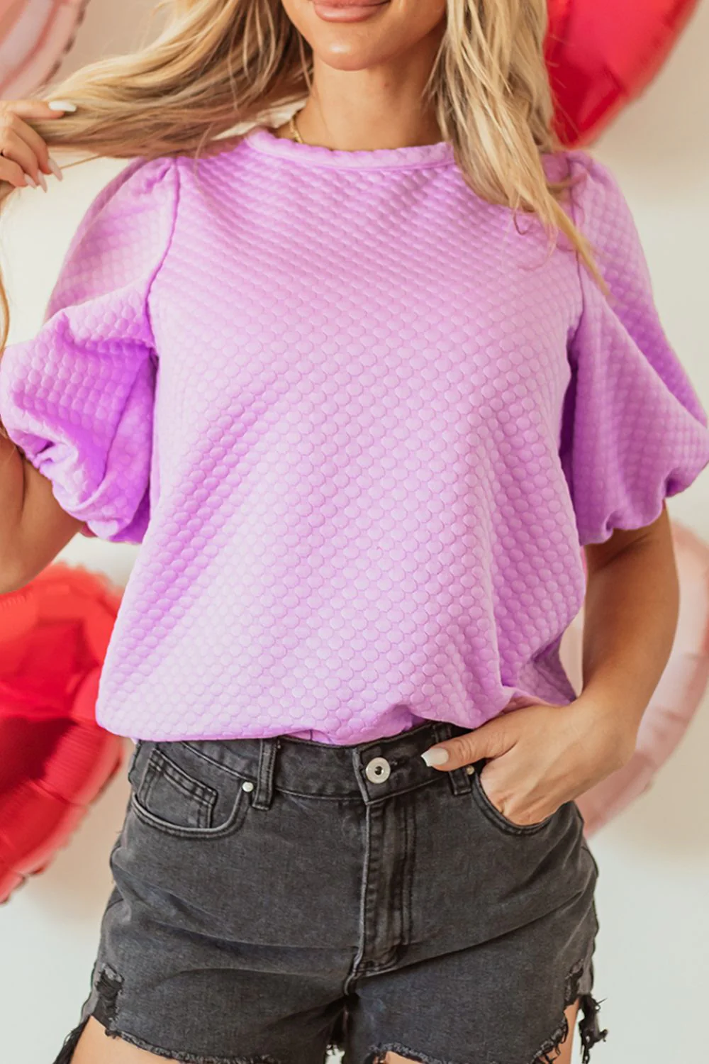 Textured Round Neck Puff Sleeve Blouse - Image 9