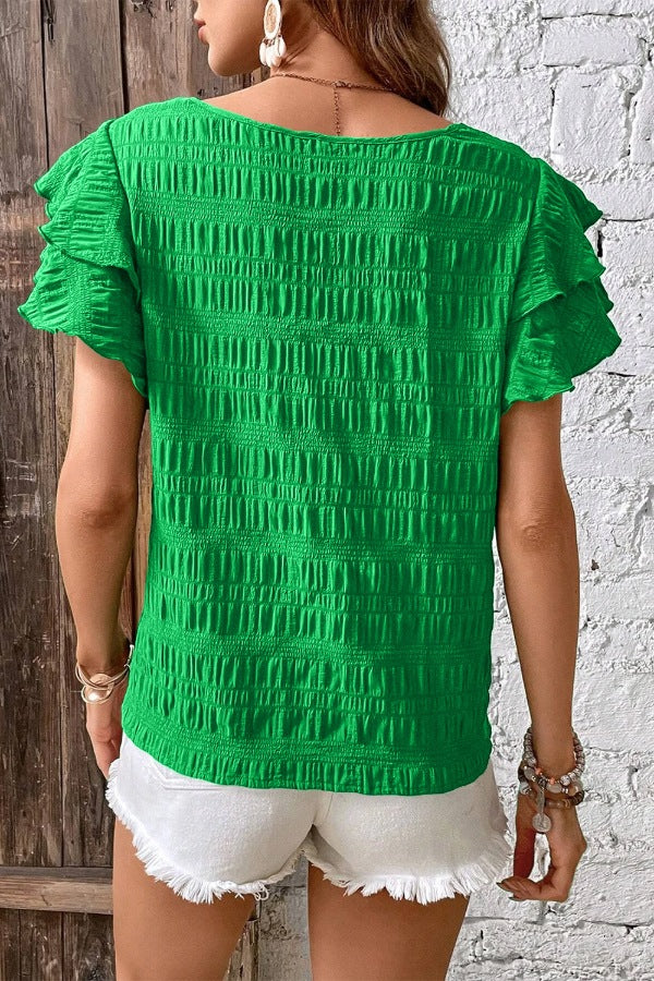 Textured Ruffled Sleeve Round Neck Top - Image 2