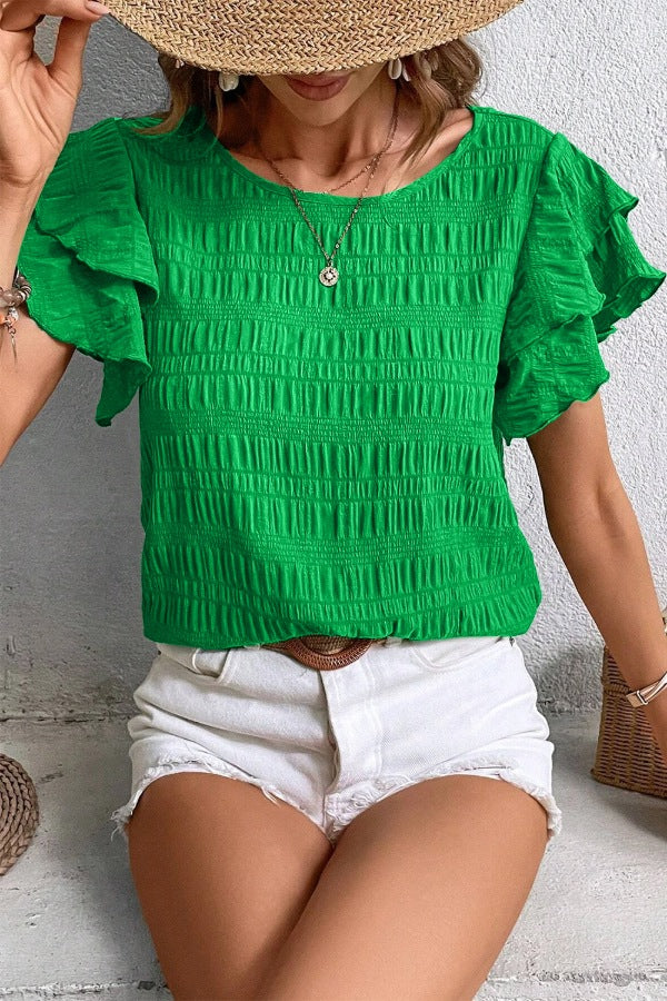 Textured Ruffled Sleeve Round Neck Top - Image 3