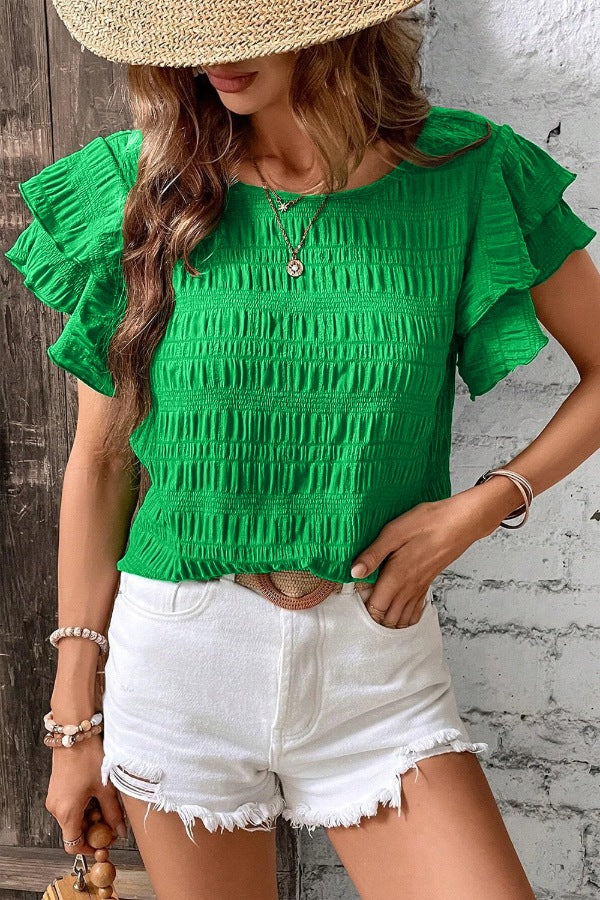 Textured Ruffled Sleeve Round Neck Top - Image 4