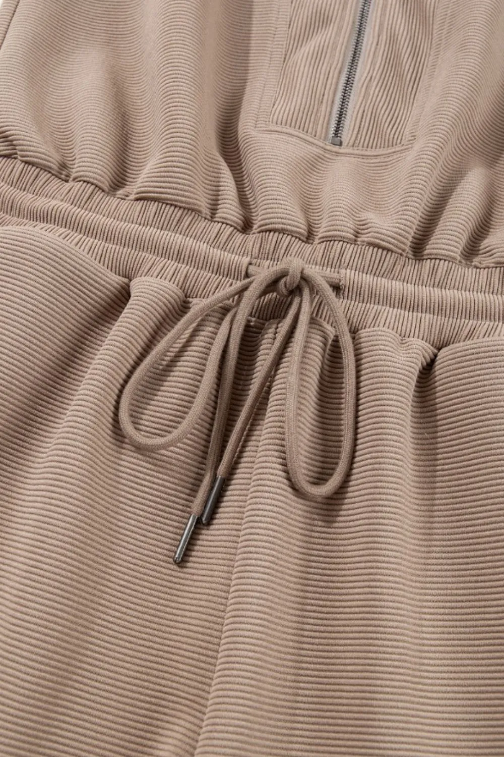 Textured Short Sleeve Half Zip Drawstring Waist Romper - Image 18