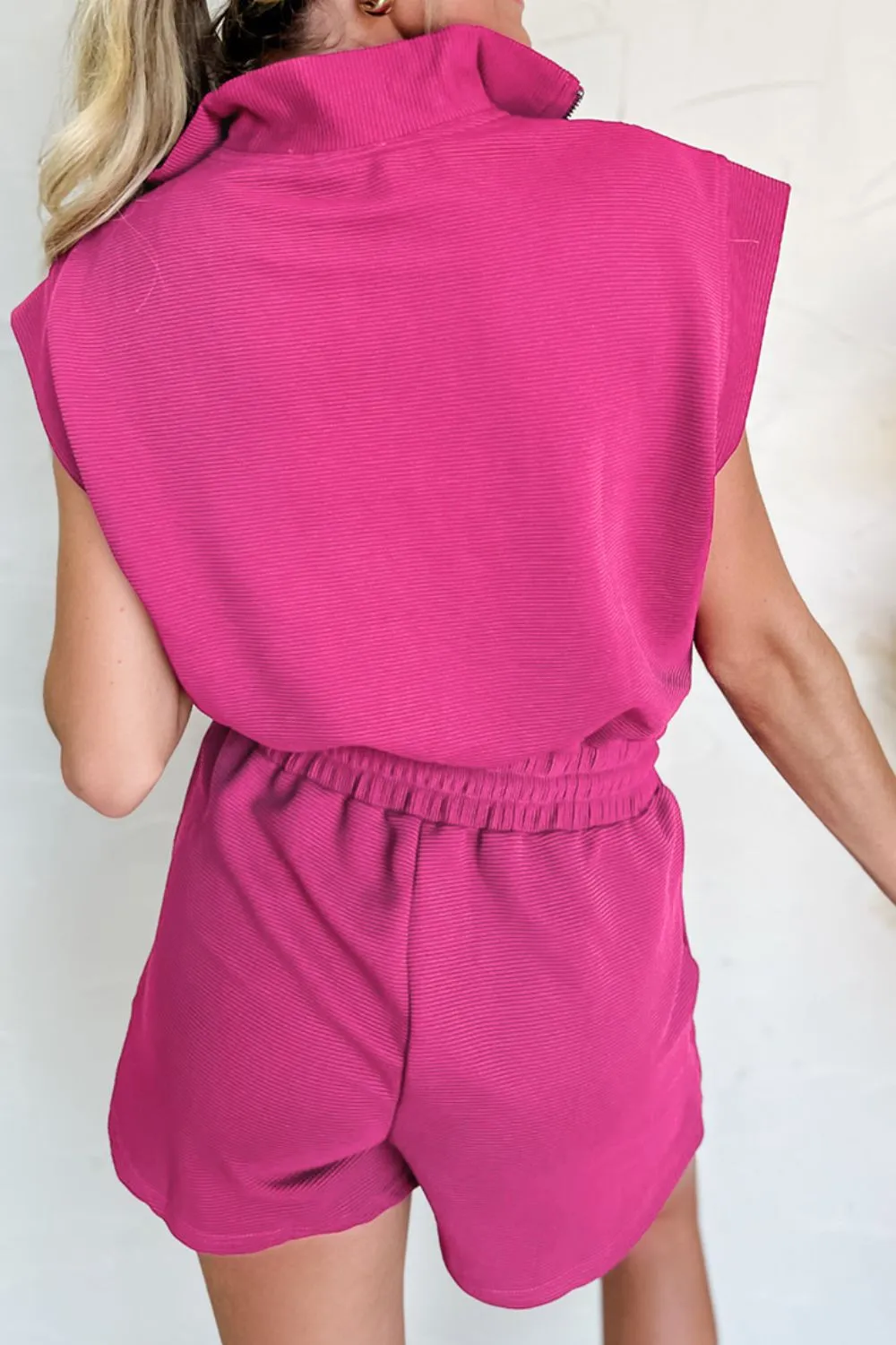 Textured Short Sleeve Half Zip Drawstring Waist Romper - Image 3