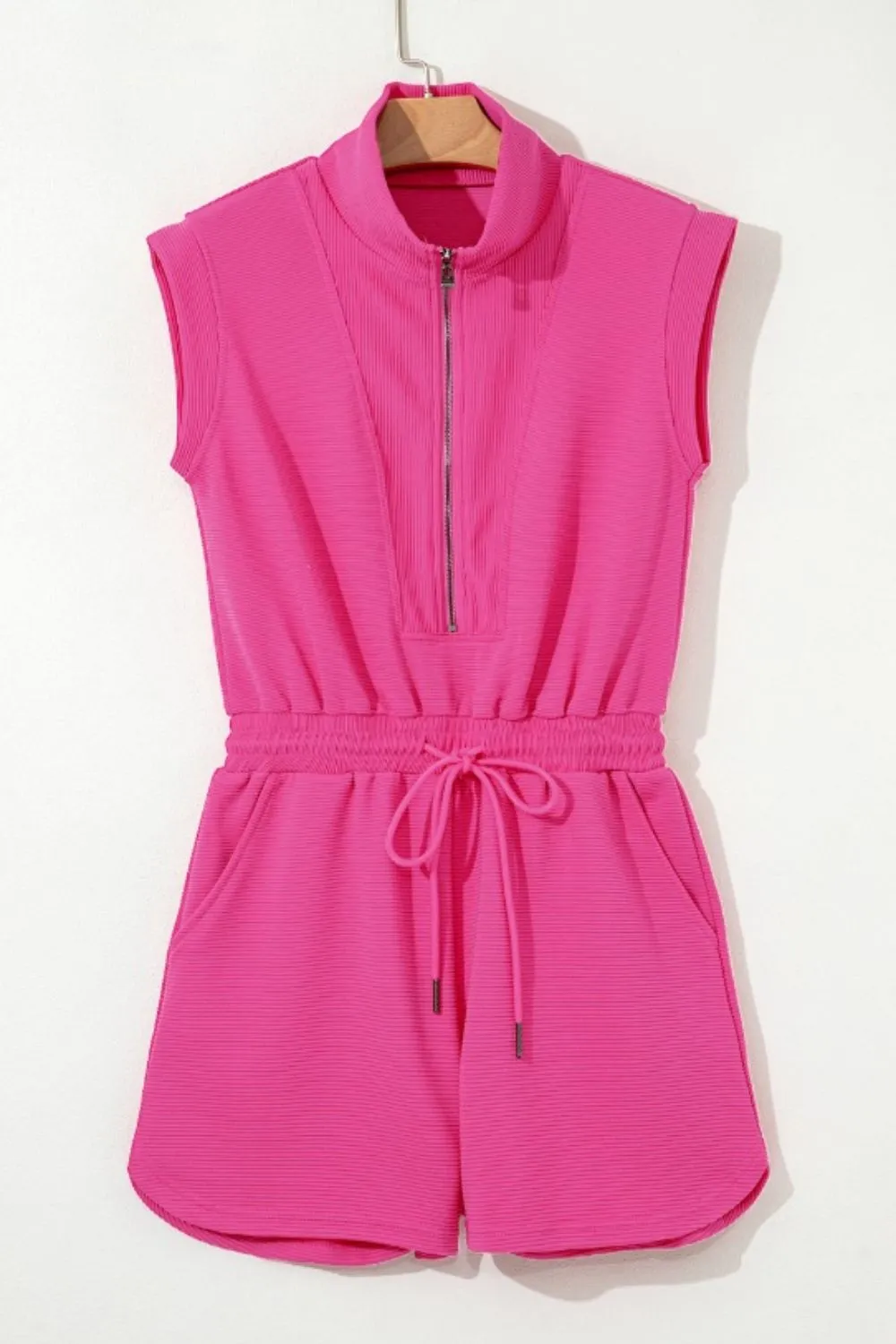 Textured Short Sleeve Half Zip Drawstring Waist Romper - Image 5