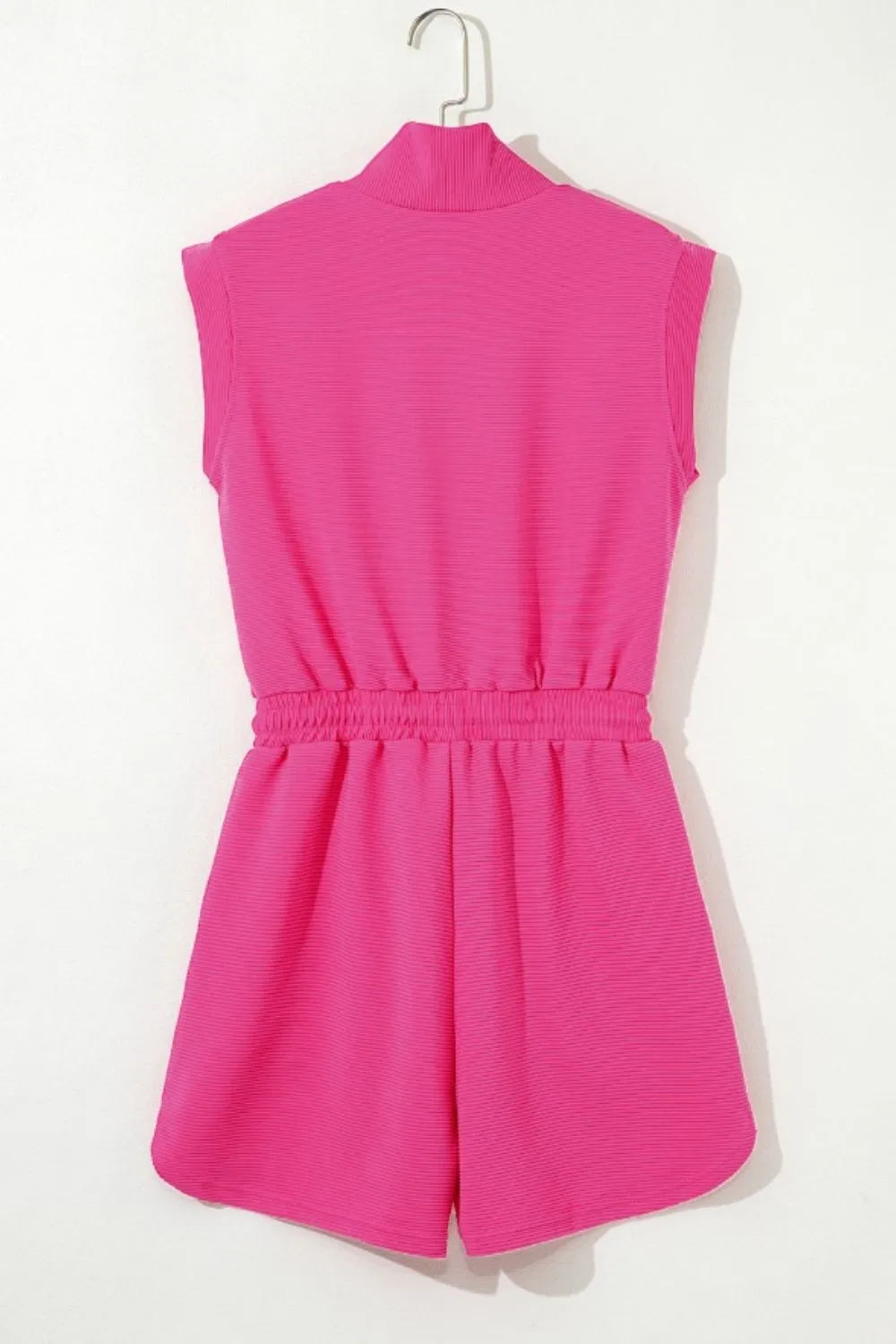 Textured Short Sleeve Half Zip Drawstring Waist Romper - Image 6