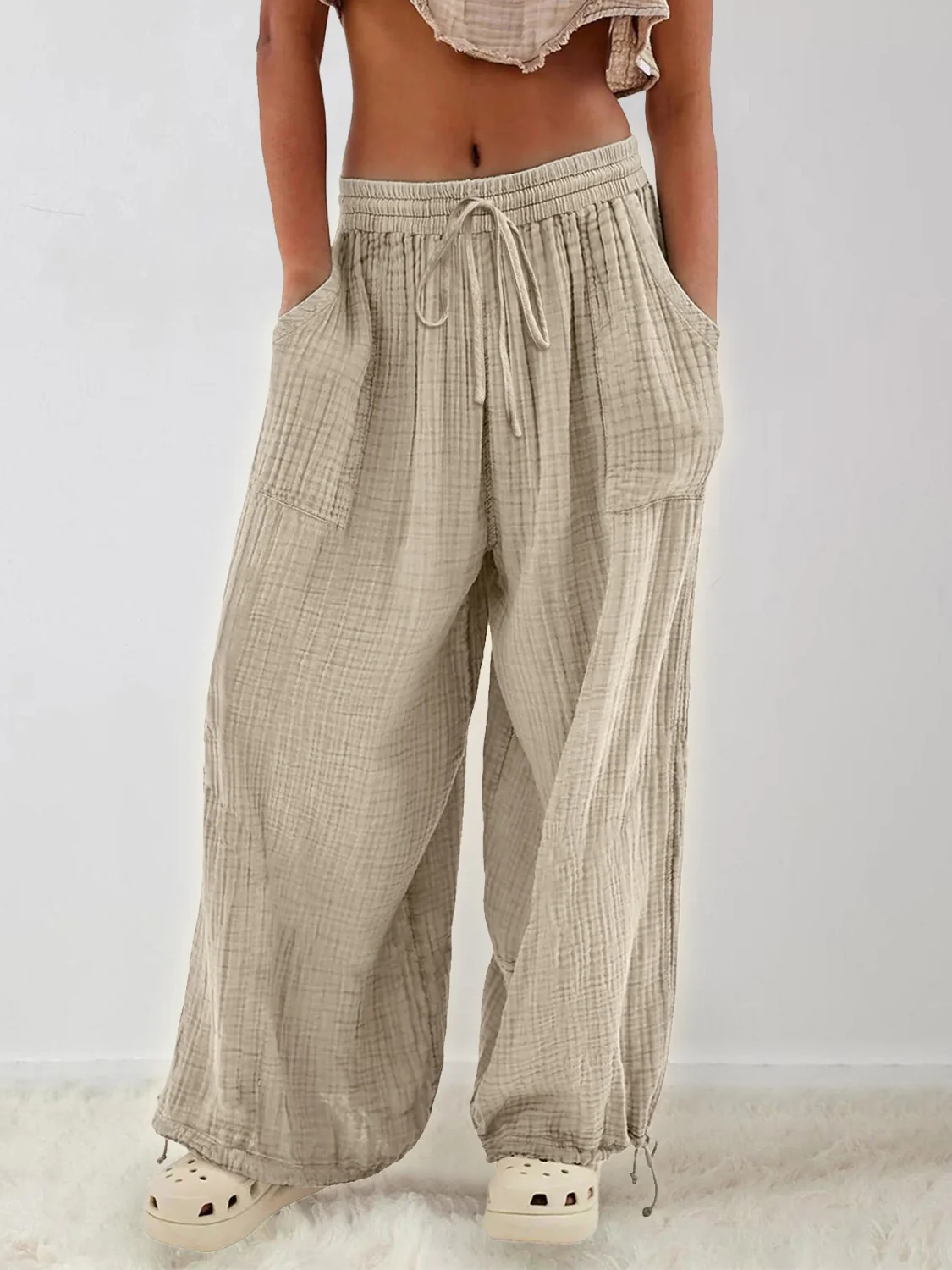 Textured Tied Pants with Pockets - Image 3