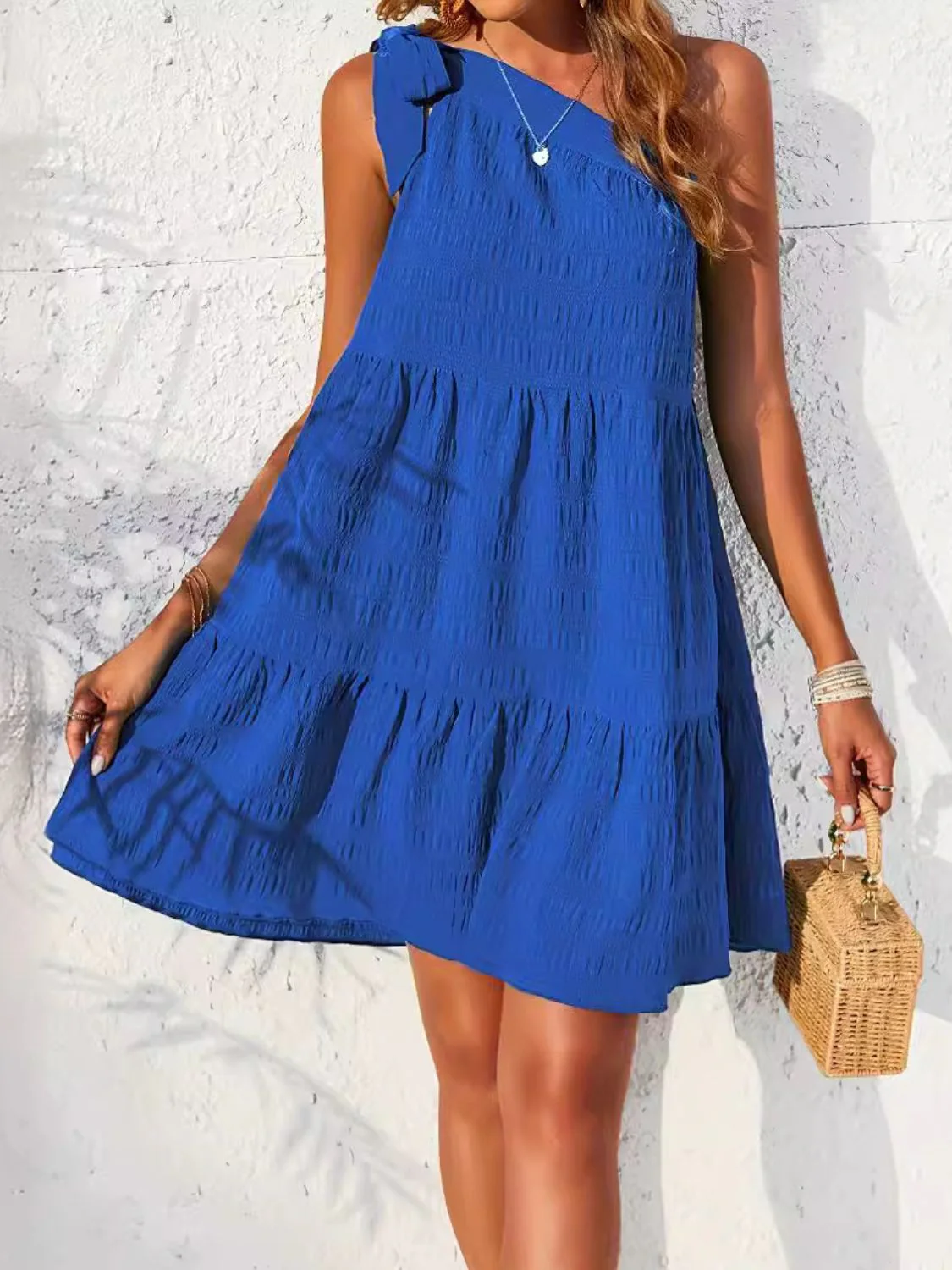 Textured Tied Single Shoulder Mini Dress - Image 4