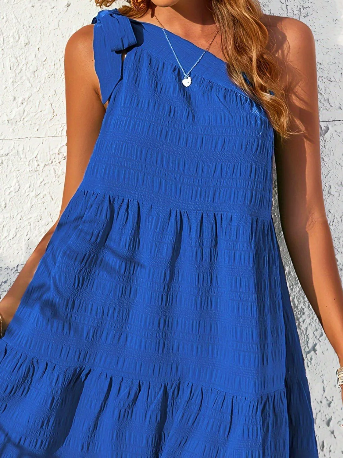 Textured Tied Single Shoulder Mini Dress - Image 5