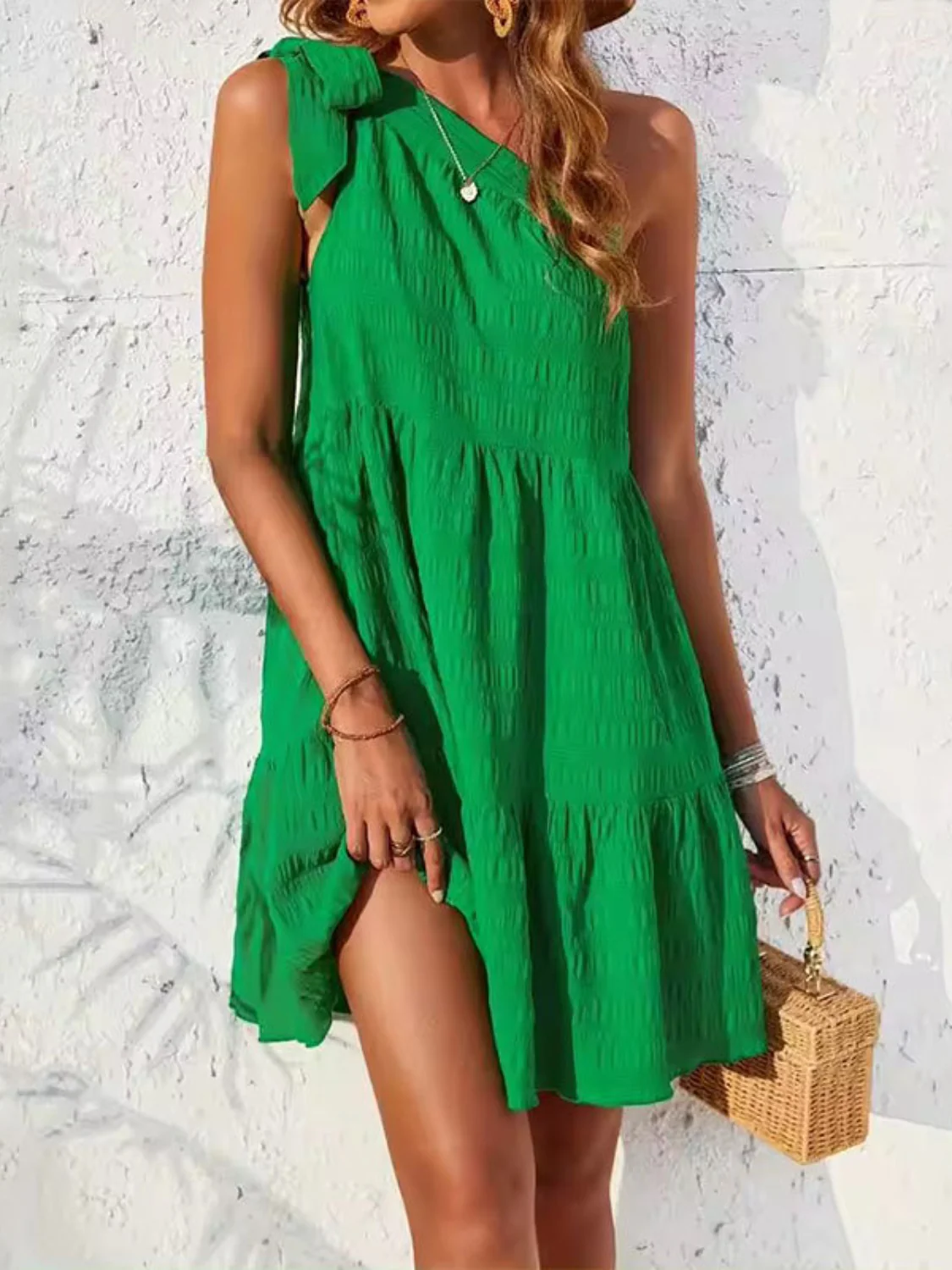 Textured Tied Single Shoulder Mini Dress - Image 7