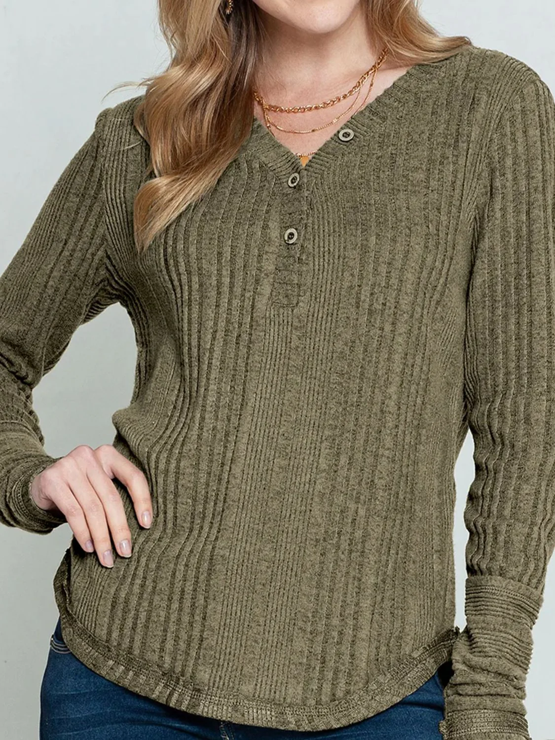 Textured V-Neck Long Sleeve T-Shirt - Image 6
