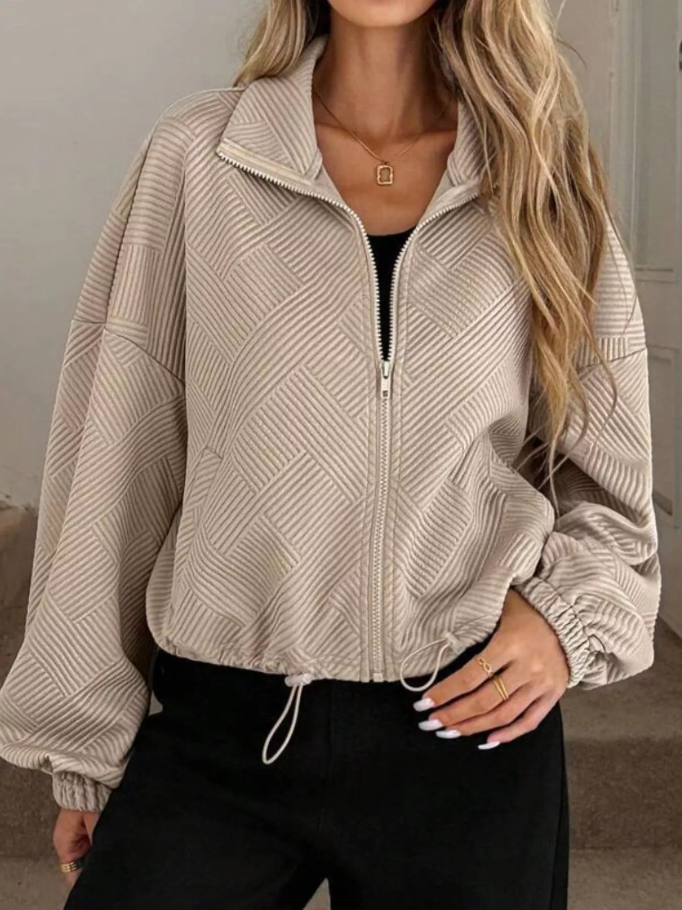 Textured Zip-Up Drawstring Hem Jacket