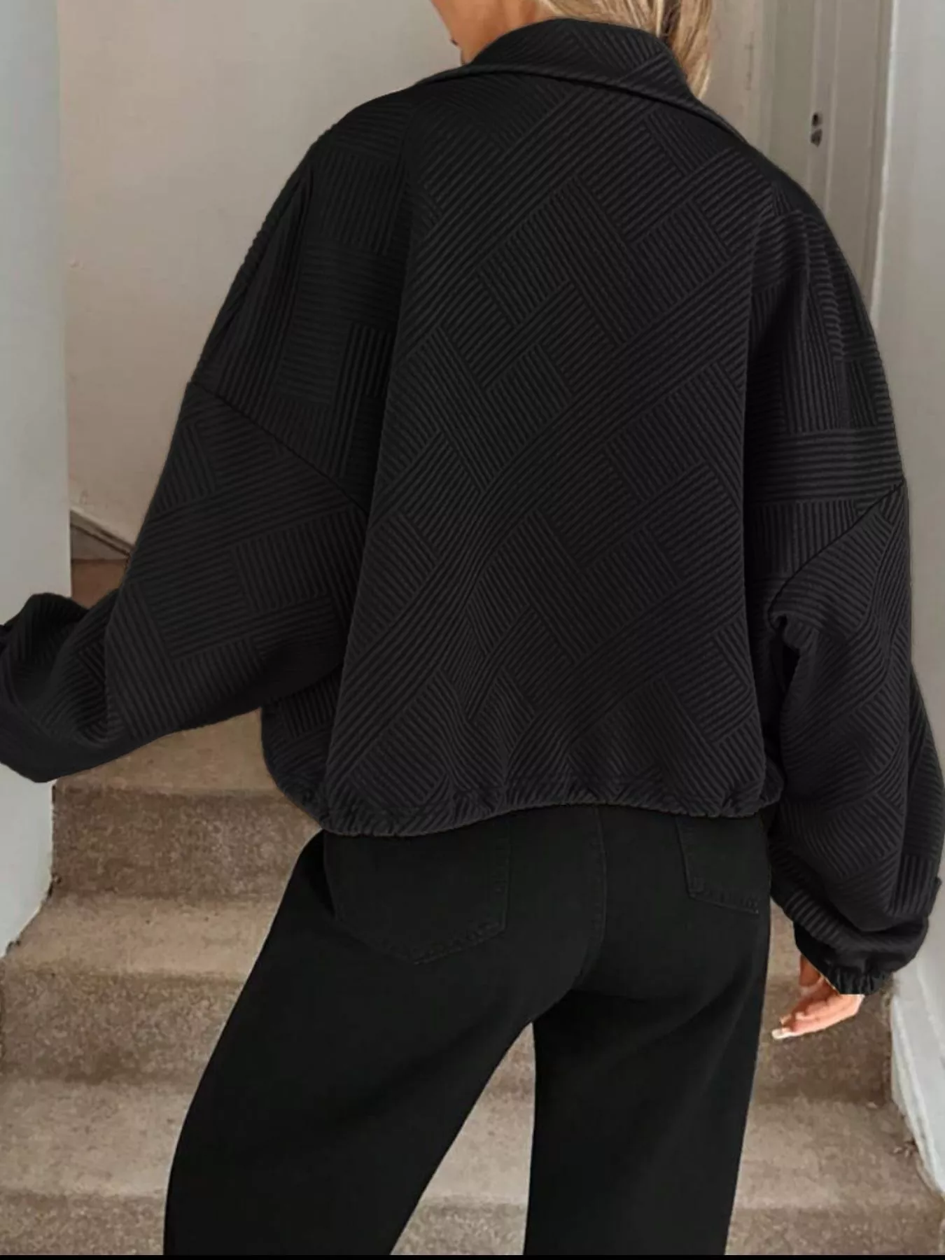 Textured Zip-Up Drawstring Hem Jacket - Image 10