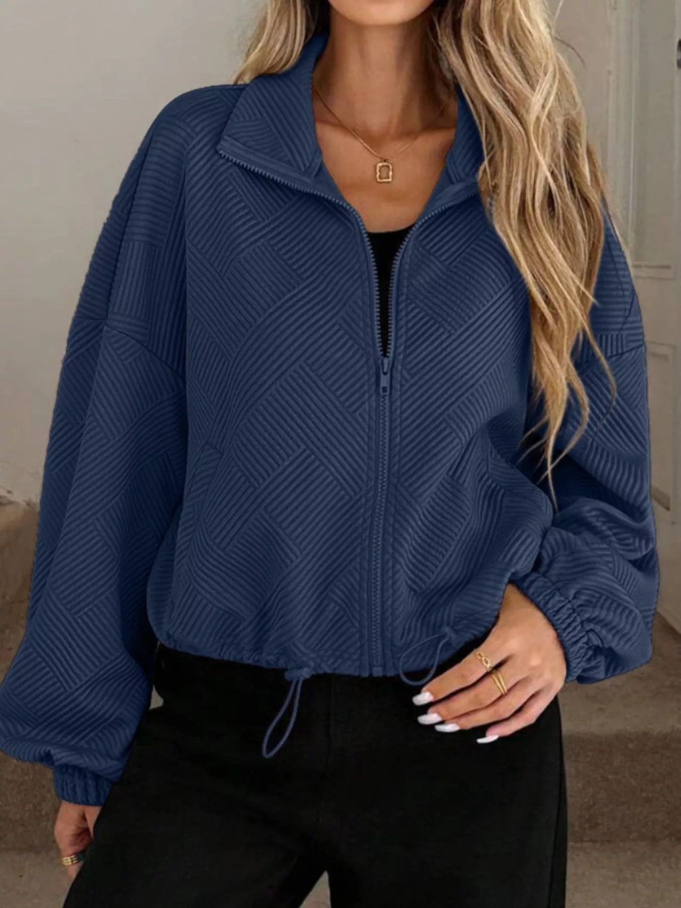 Textured Zip-Up Drawstring Hem Jacket - Image 11
