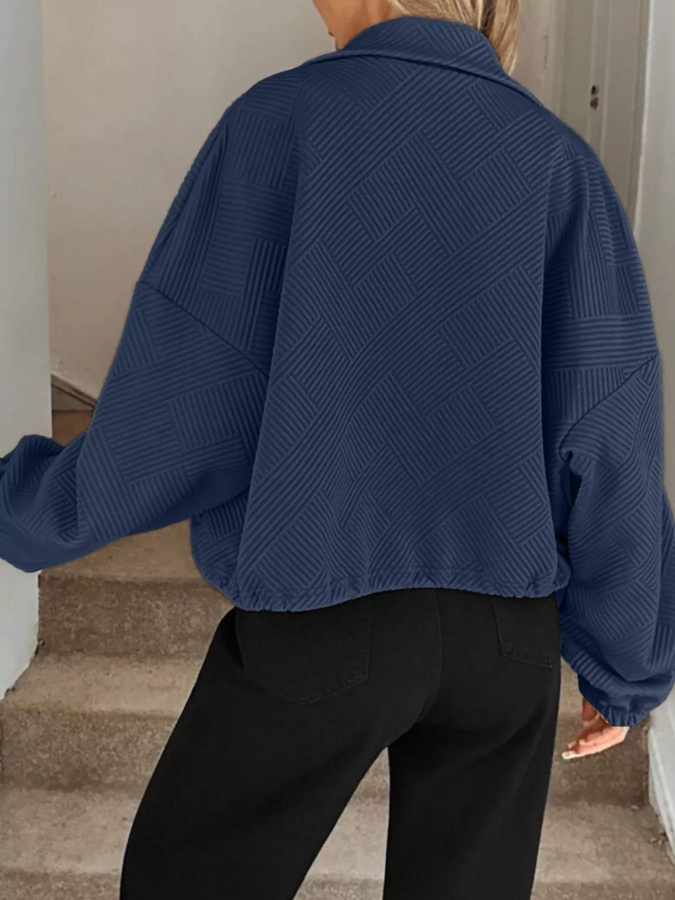Textured Zip-Up Drawstring Hem Jacket - Image 12