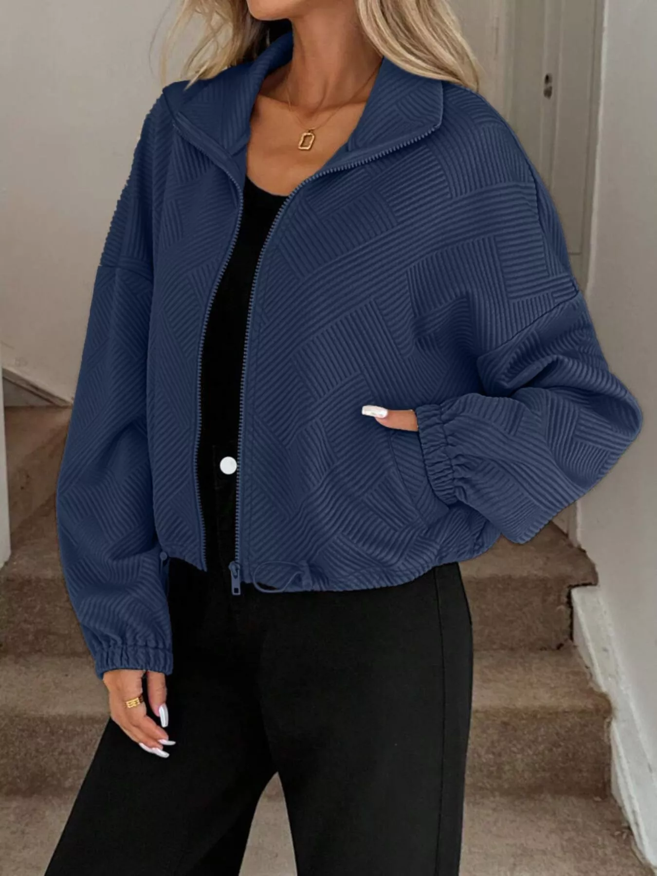 Textured Zip-Up Drawstring Hem Jacket - Image 13