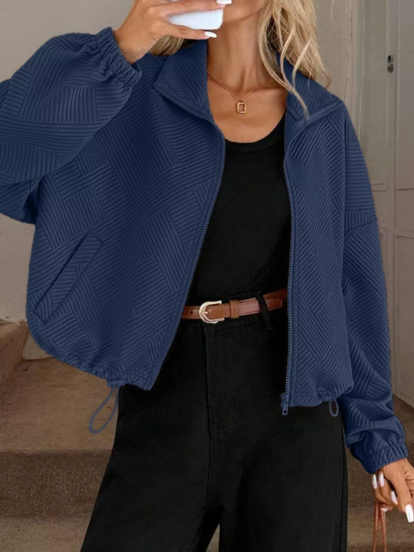 Textured Zip-Up Drawstring Hem Jacket - Image 14