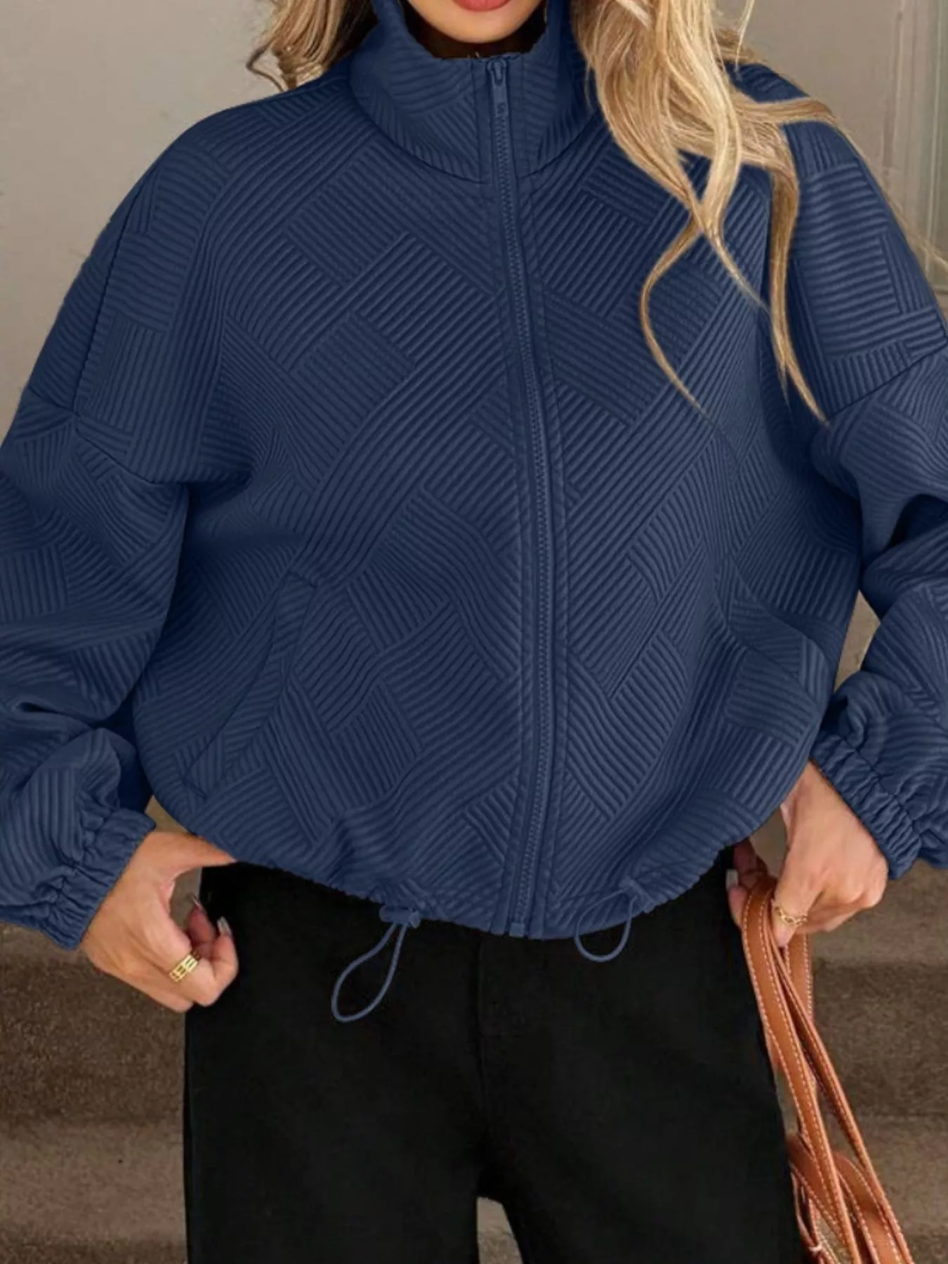 Textured Zip-Up Drawstring Hem Jacket - Image 15