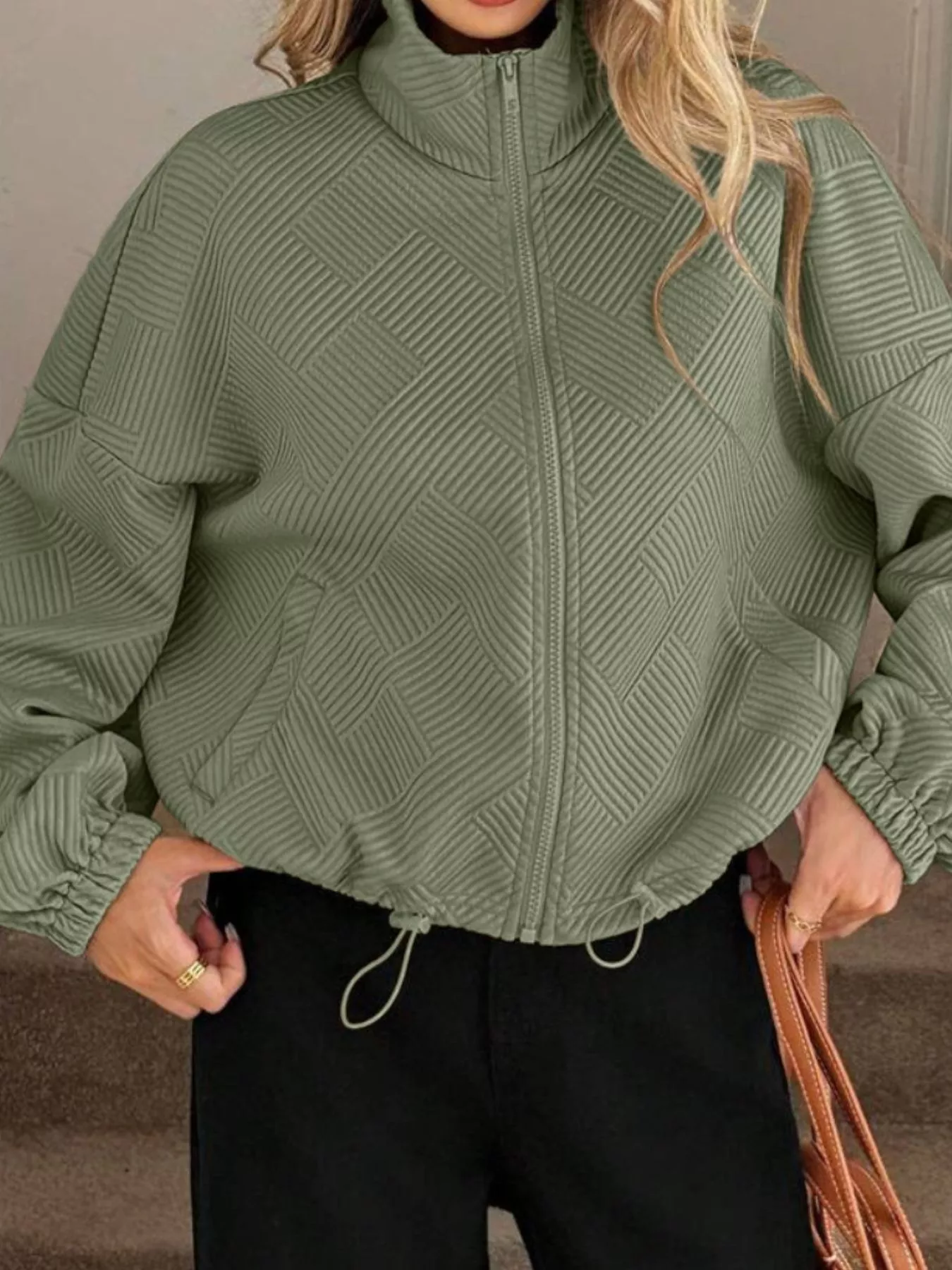Textured Zip-Up Drawstring Hem Jacket - Image 16