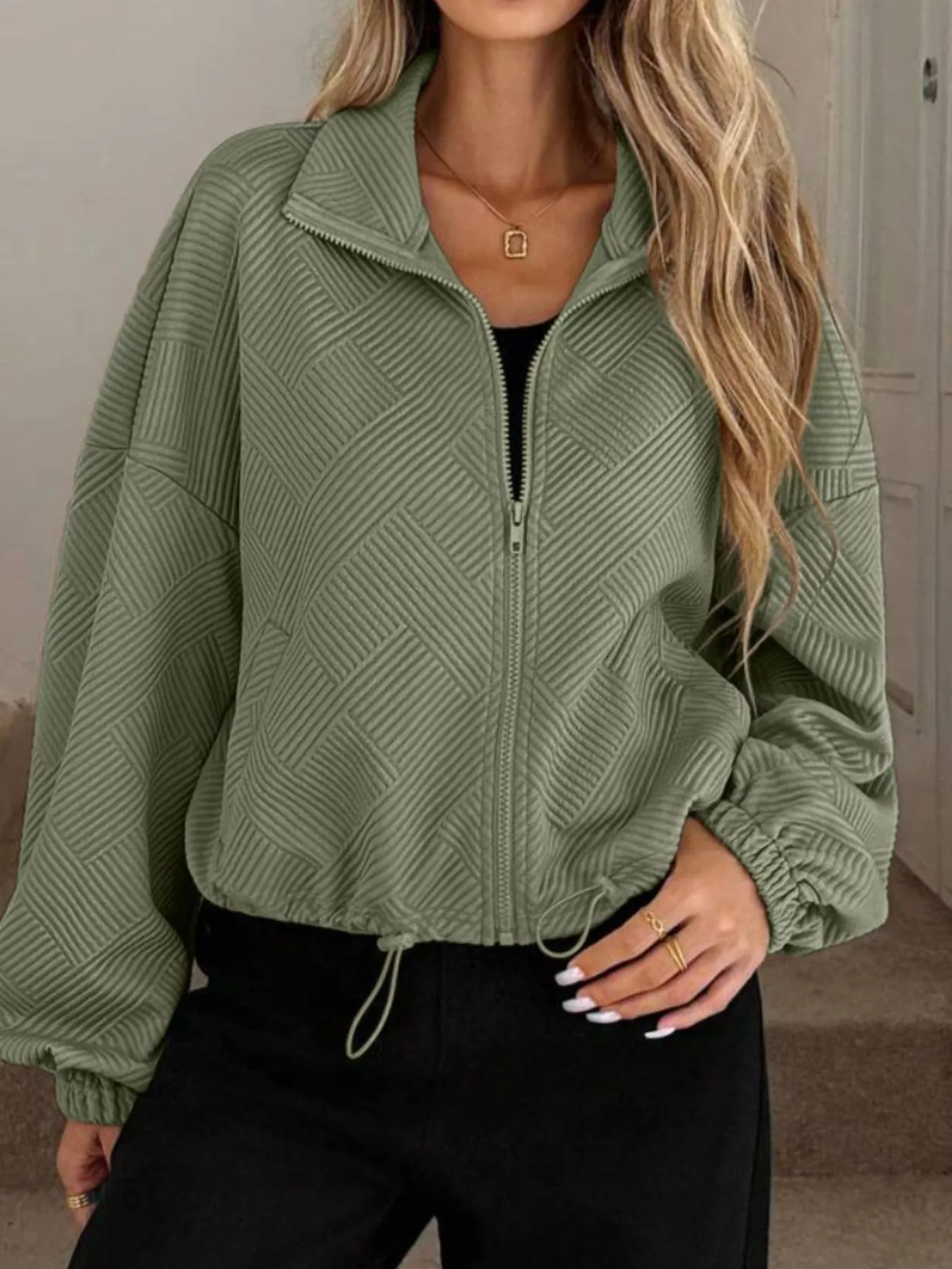 Textured Zip-Up Drawstring Hem Jacket - Image 17