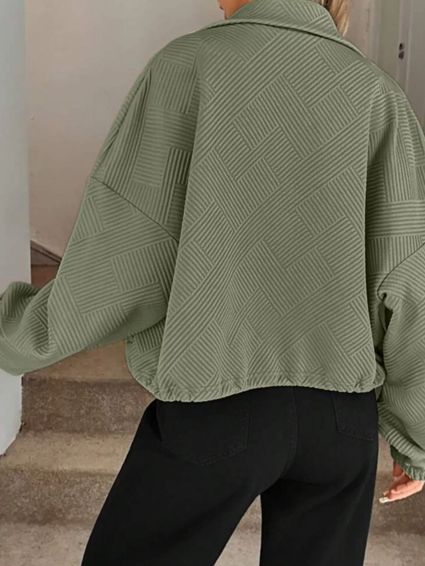 Textured Zip-Up Drawstring Hem Jacket - Image 18
