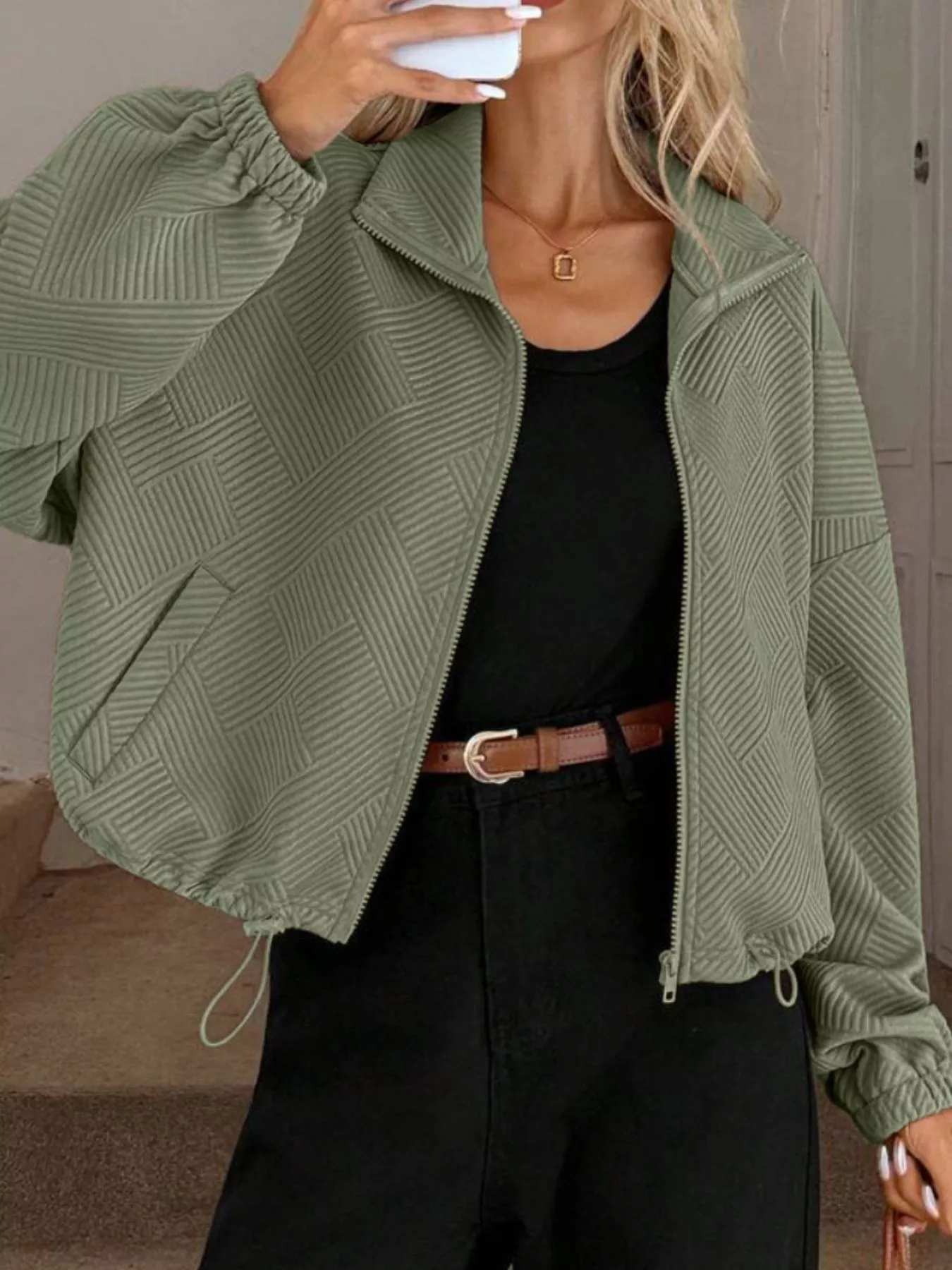 Textured Zip-Up Drawstring Hem Jacket - Image 19