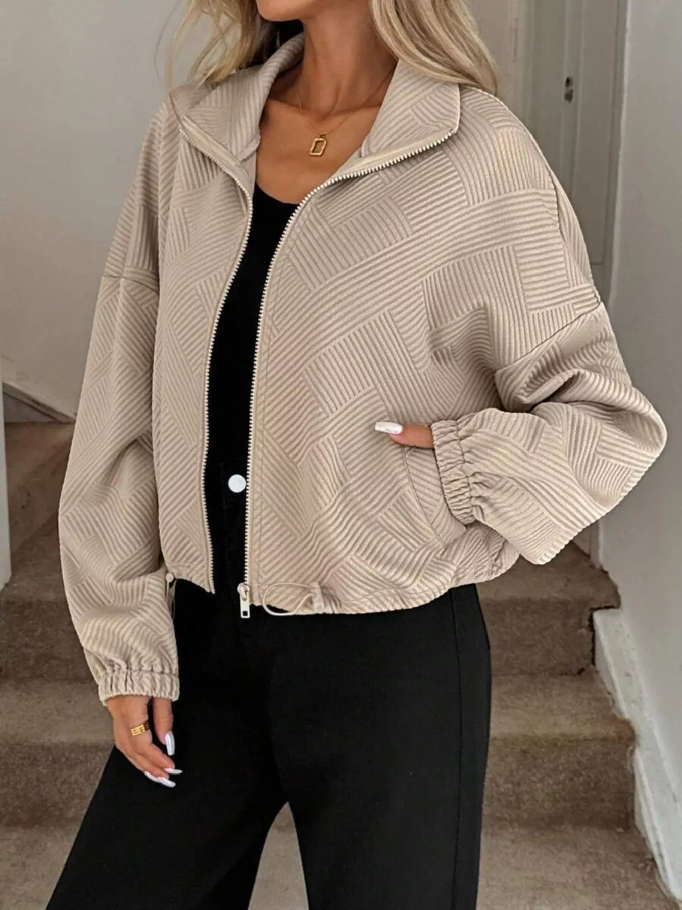 Textured Zip-Up Drawstring Hem Jacket - Image 2