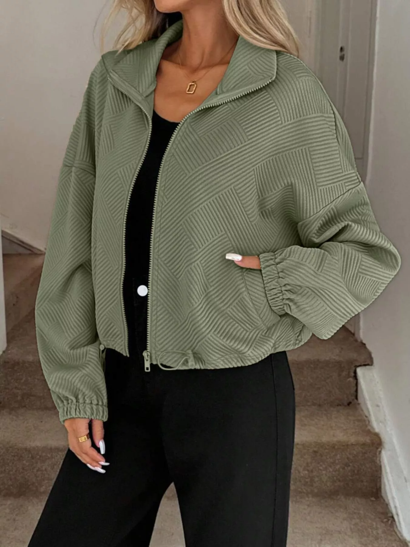 Textured Zip-Up Drawstring Hem Jacket - Image 20