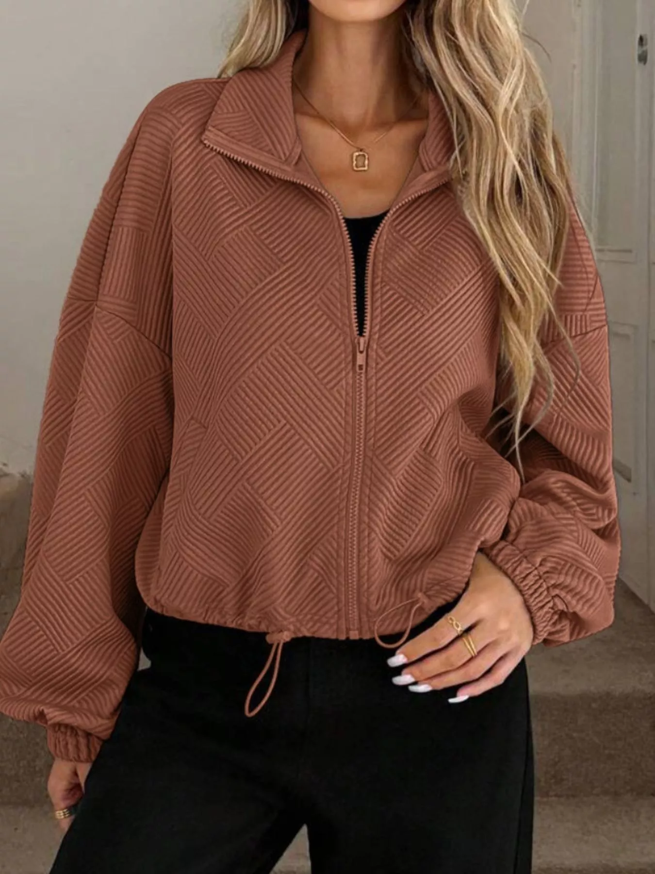 Textured Zip-Up Drawstring Hem Jacket - Image 21