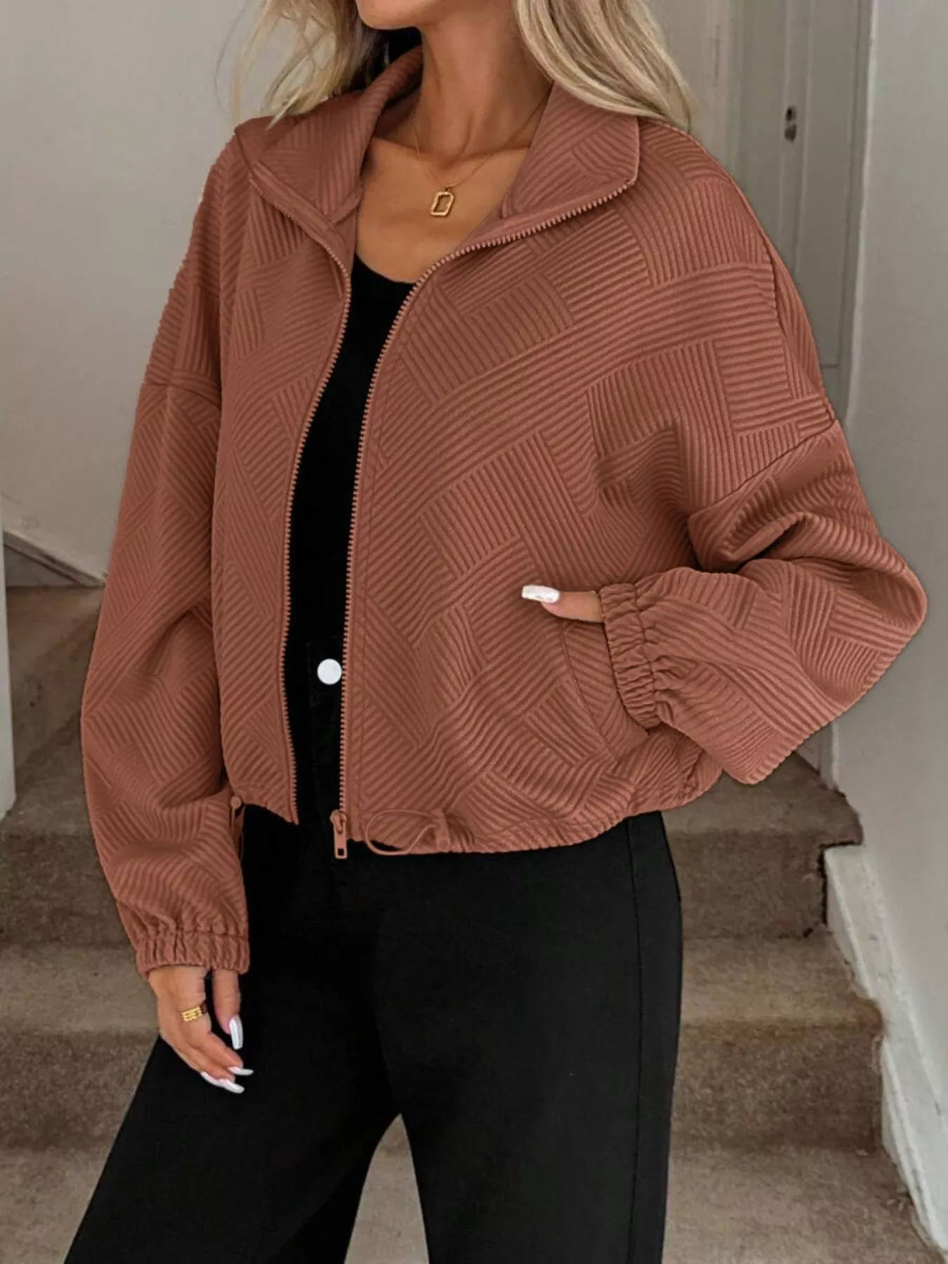 Textured Zip-Up Drawstring Hem Jacket - Image 22