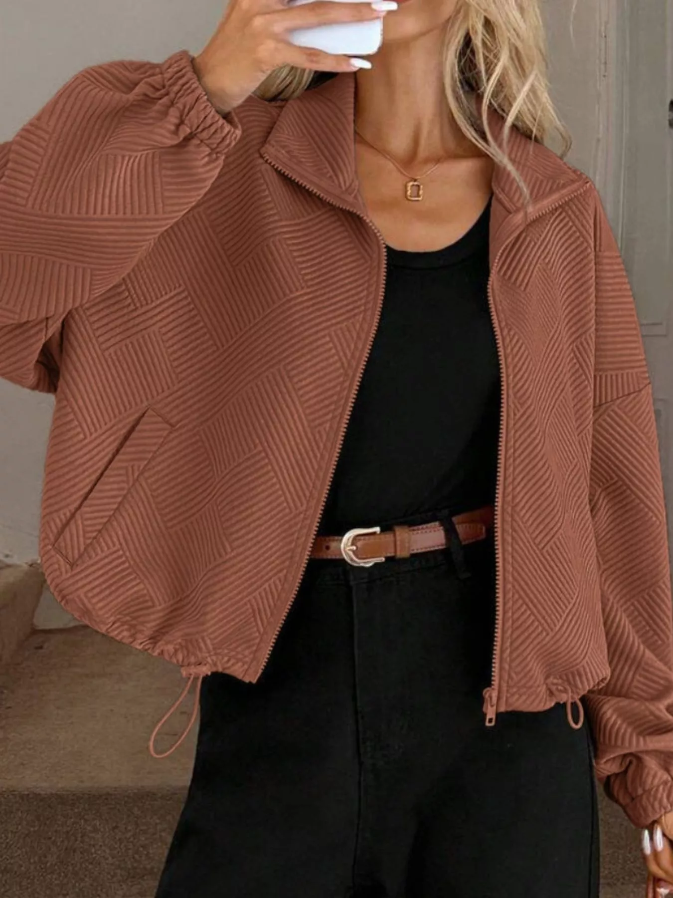 Textured Zip-Up Drawstring Hem Jacket - Image 23