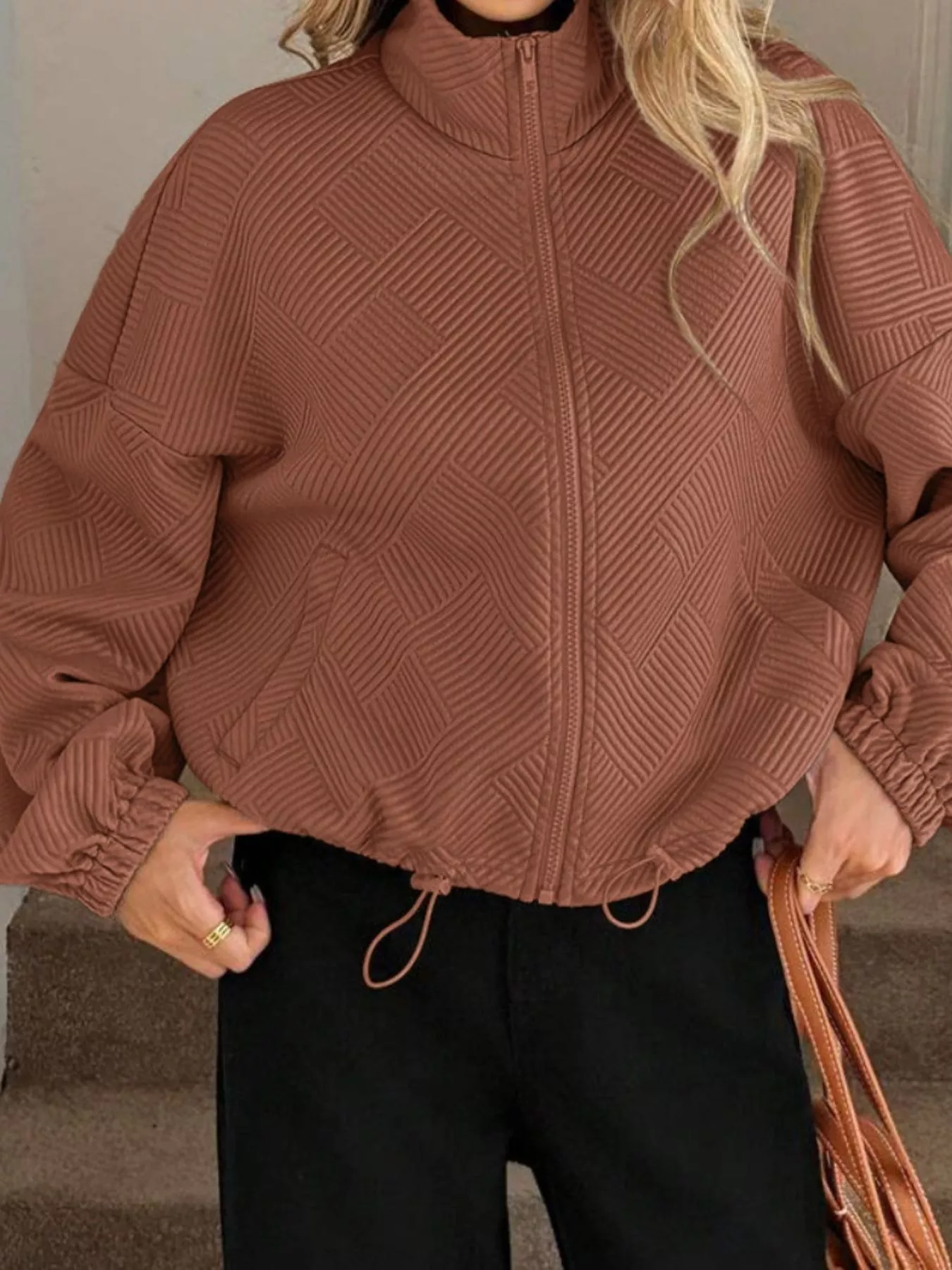 Textured Zip-Up Drawstring Hem Jacket - Image 24