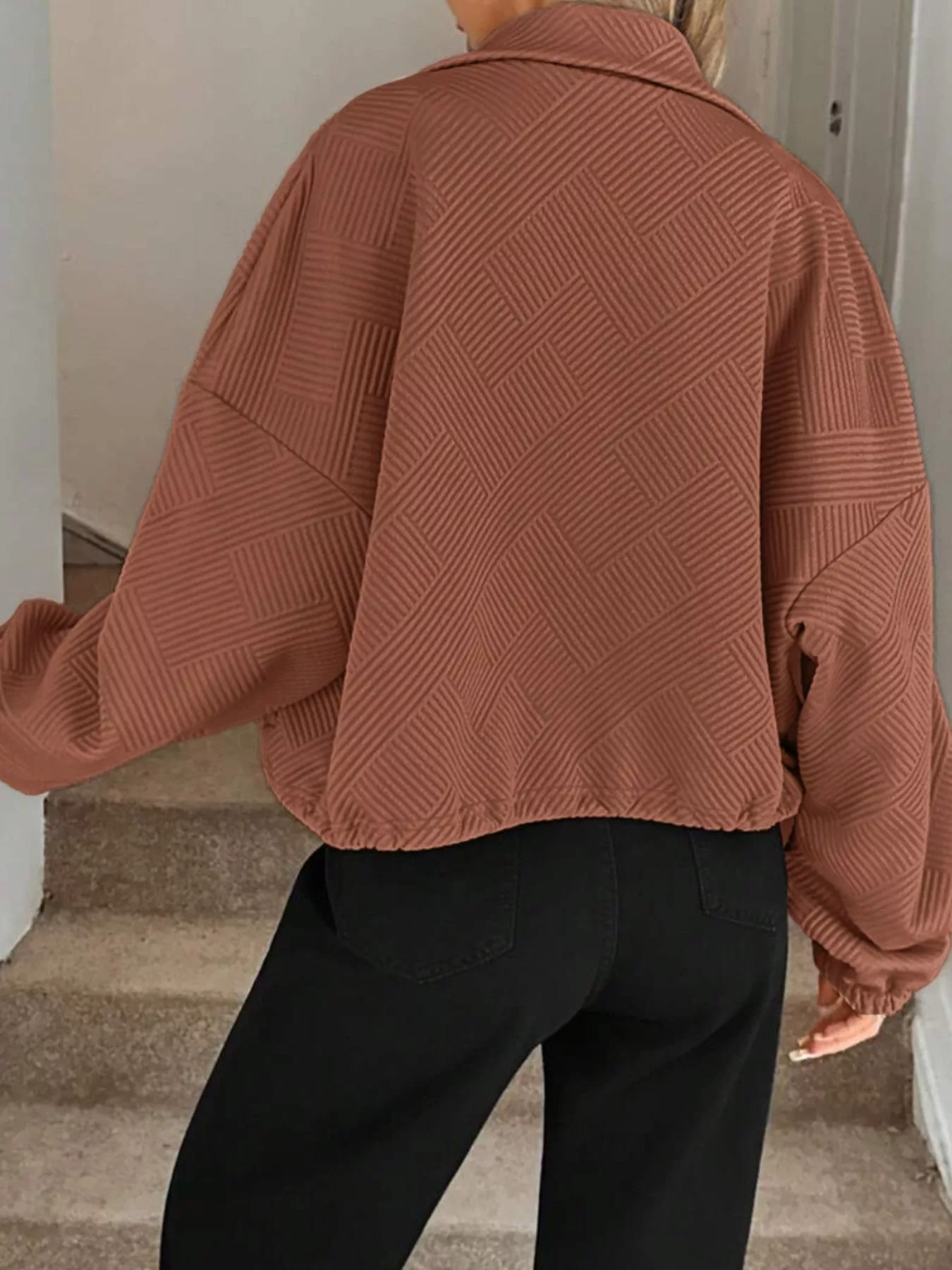 Textured Zip-Up Drawstring Hem Jacket - Image 25