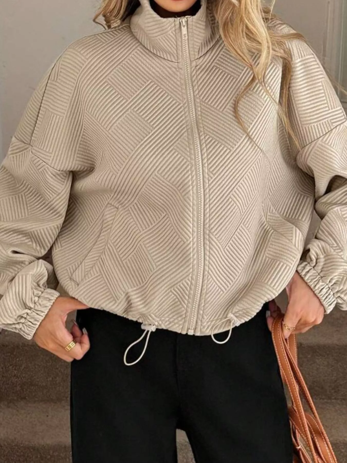 Textured Zip-Up Drawstring Hem Jacket - Image 3