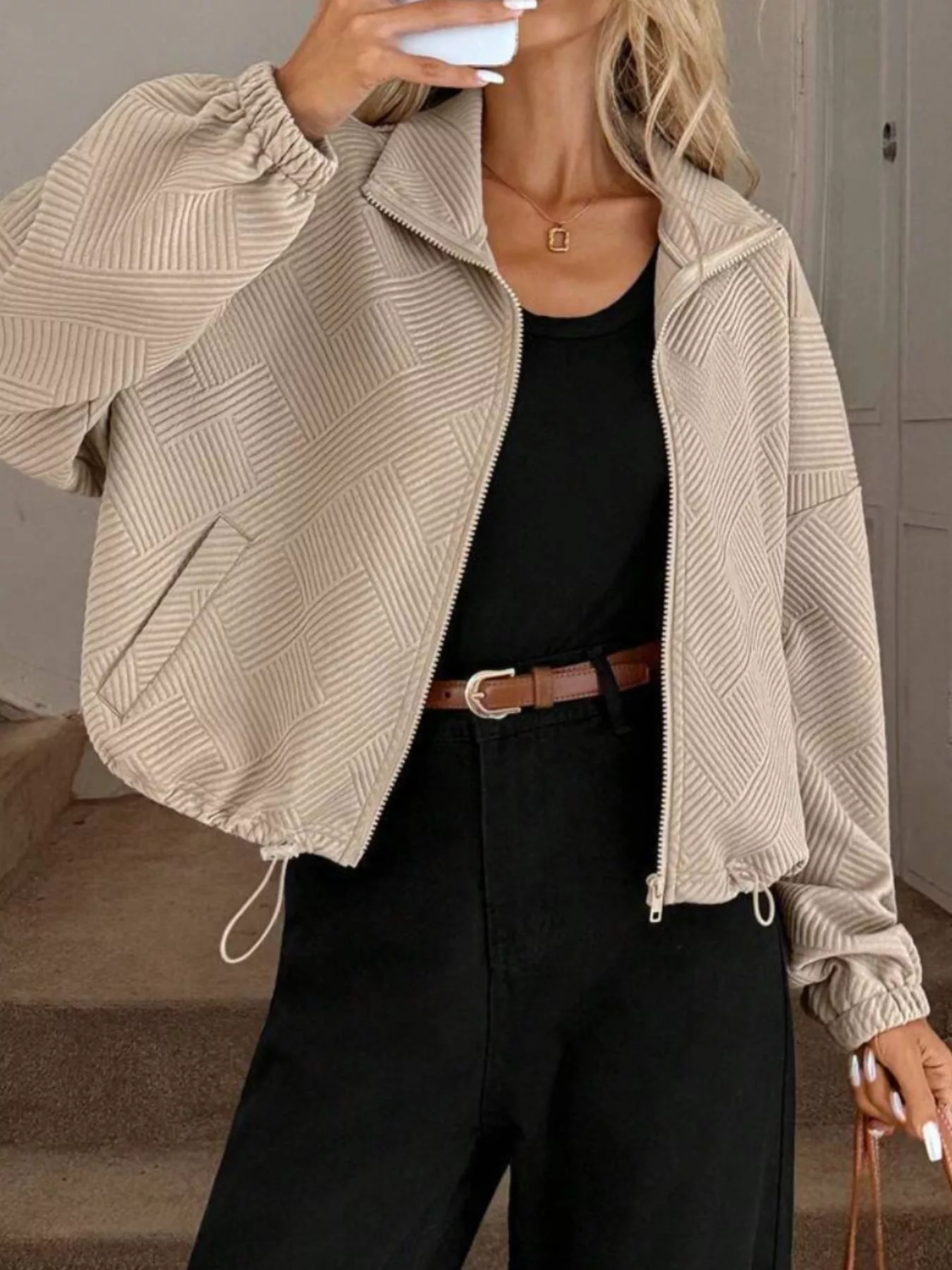Textured Zip-Up Drawstring Hem Jacket - Image 4