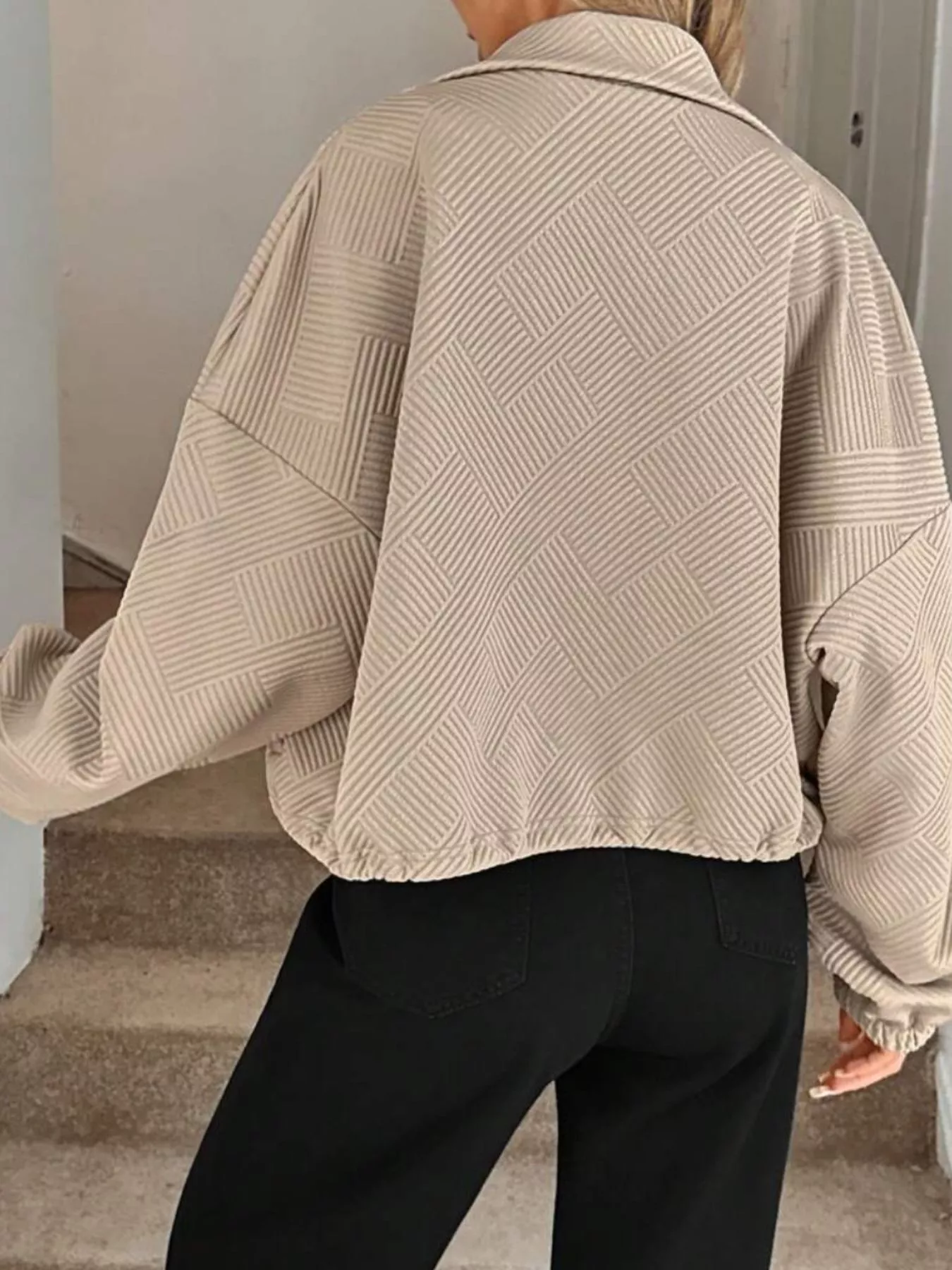 Textured Zip-Up Drawstring Hem Jacket - Image 5