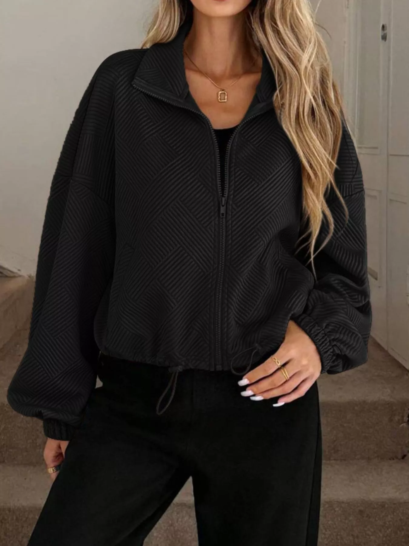Textured Zip-Up Drawstring Hem Jacket - Image 6