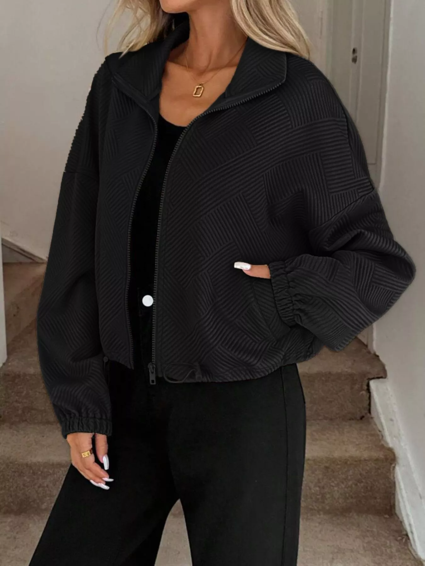 Textured Zip-Up Drawstring Hem Jacket - Image 8