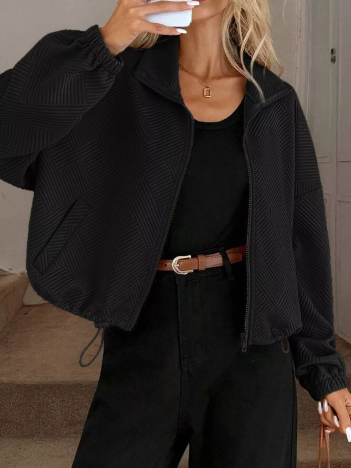 Textured Zip-Up Drawstring Hem Jacket - Image 9