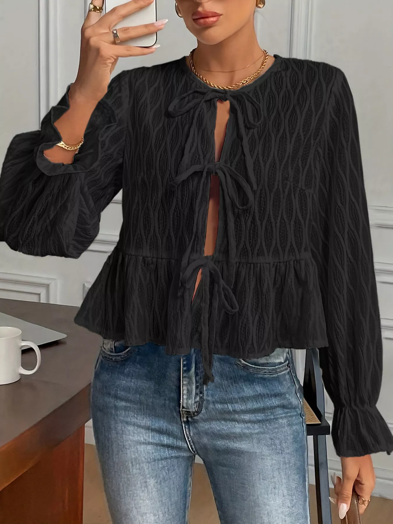 Tie Front Flounce Sleeve Blouse - Image 10