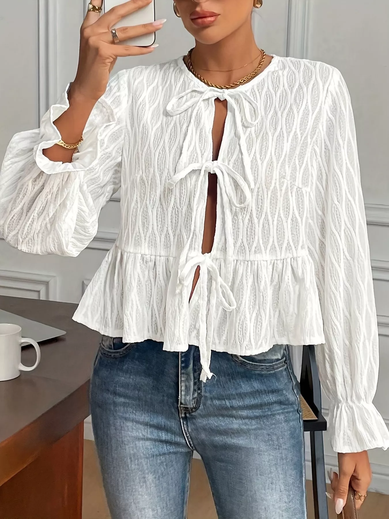 Tie Front Flounce Sleeve Blouse - Image 4