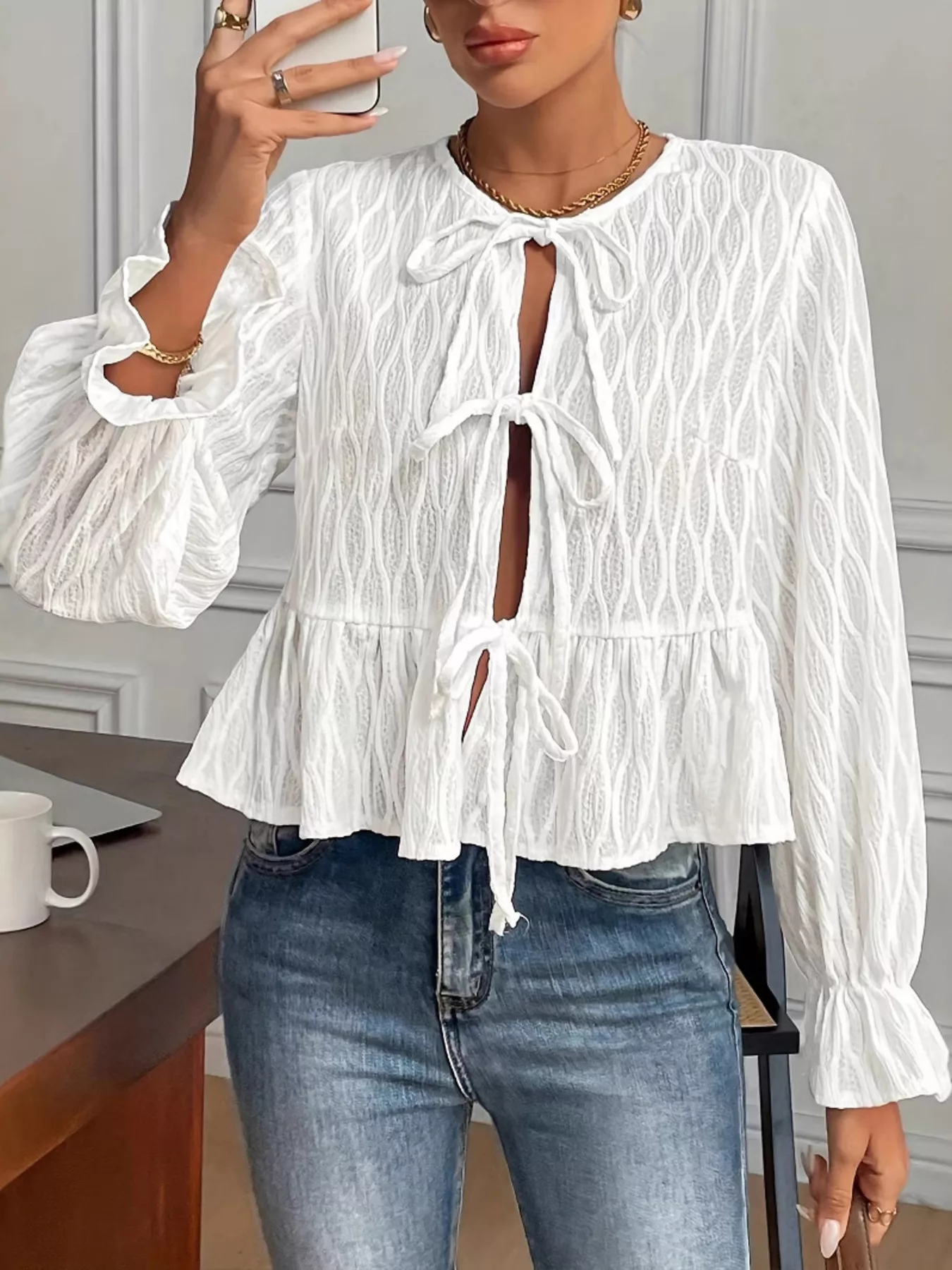 Tie Front Flounce Sleeve Blouse - Image 6