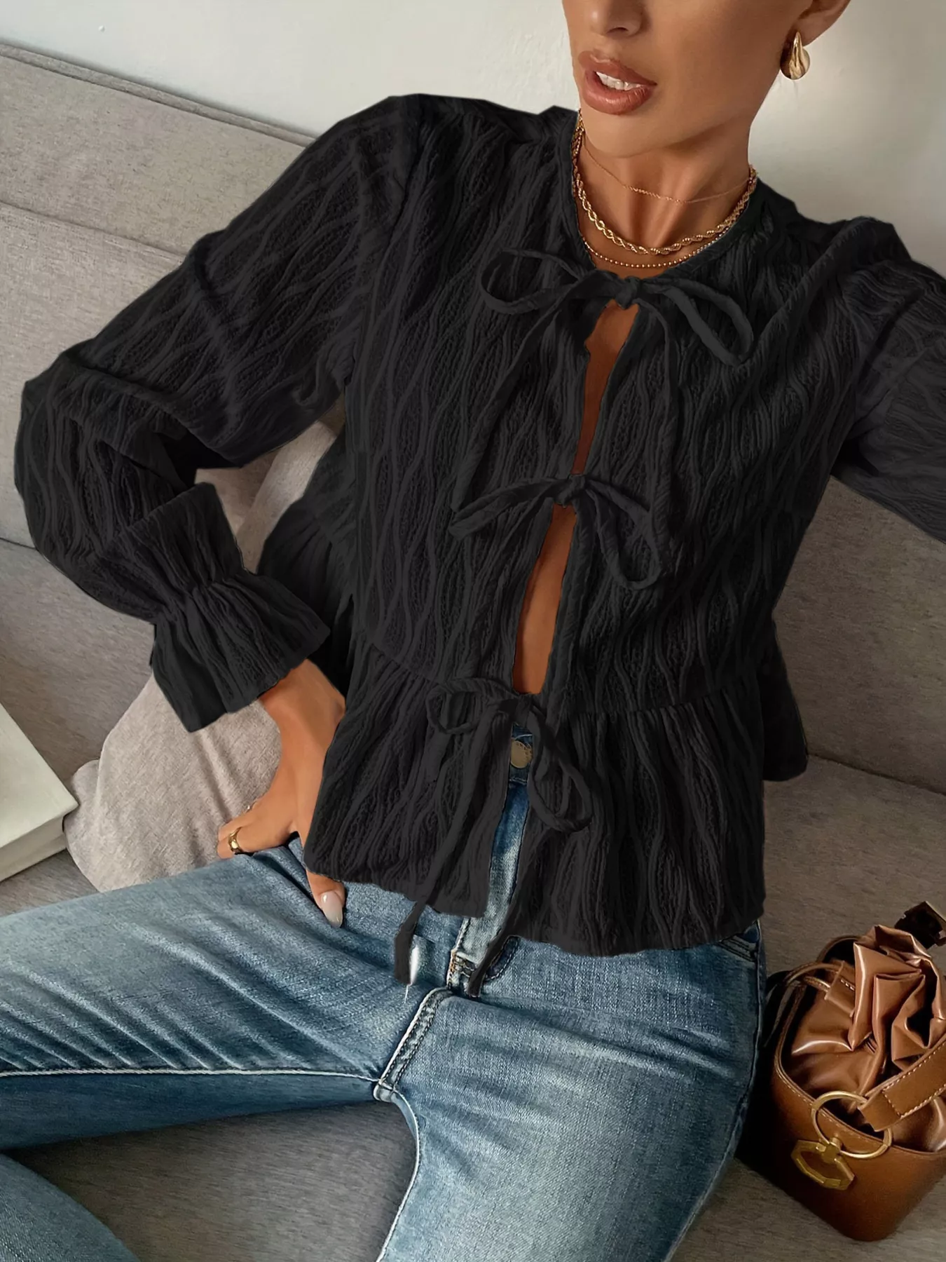 Tie Front Flounce Sleeve Blouse - Image 8
