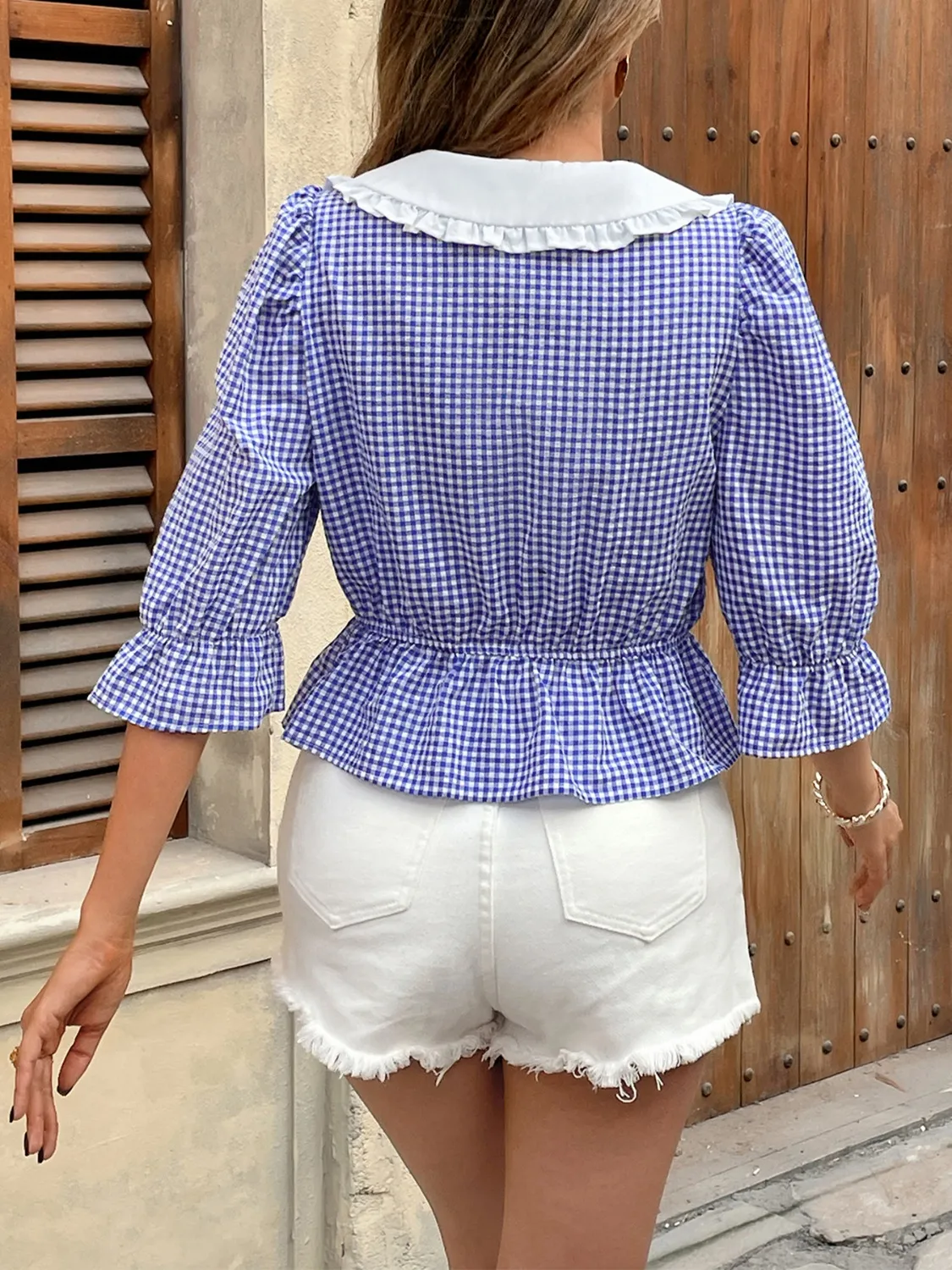 Tie Front Plaid Flounce Sleeve Blouse - Image 6
