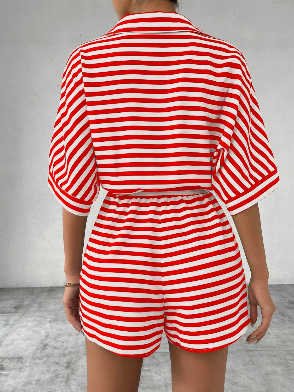 Tie Waist Half Button Striped Romper - Image 10