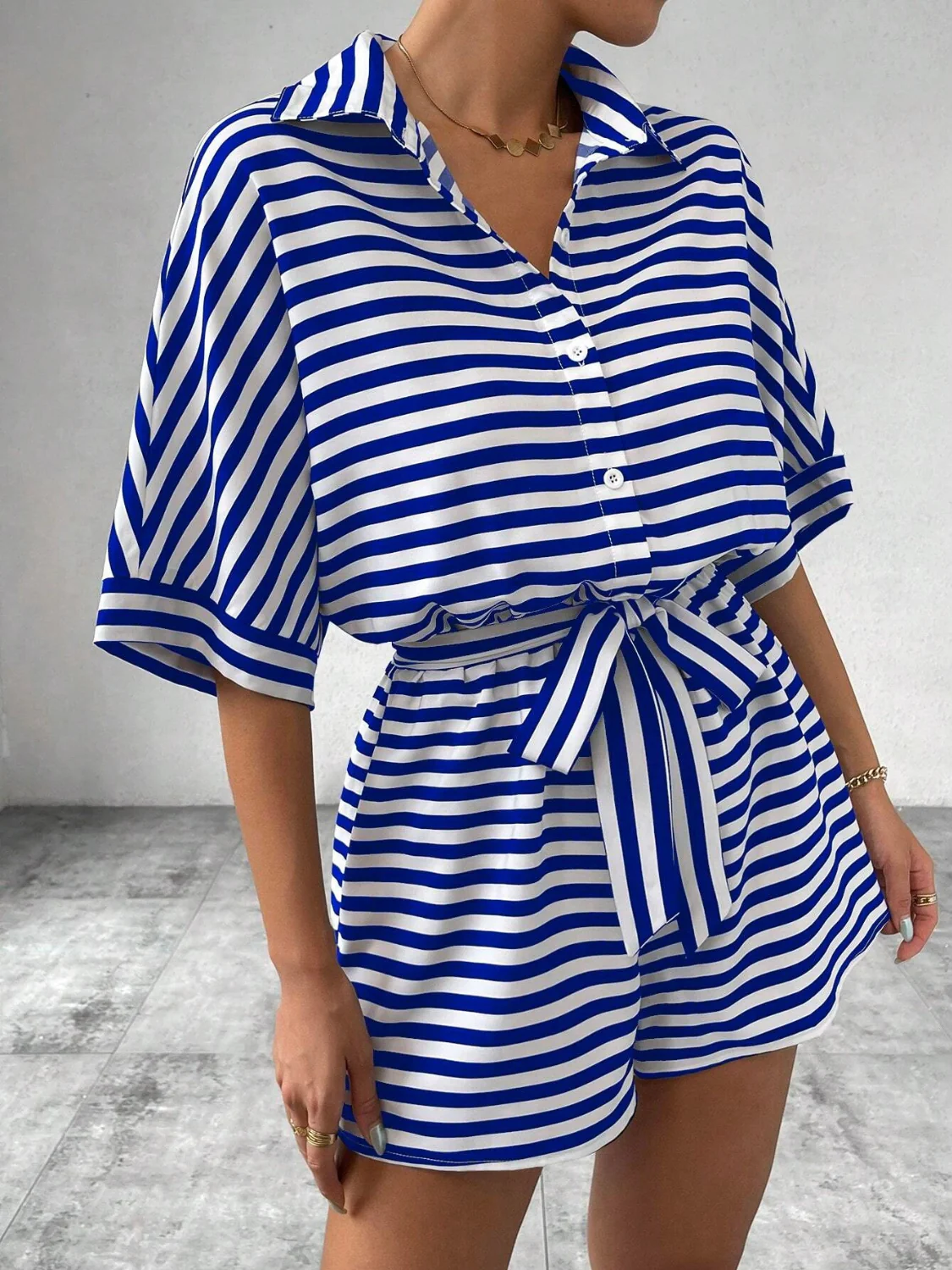 Tie Waist Half Button Striped Romper - Image 11