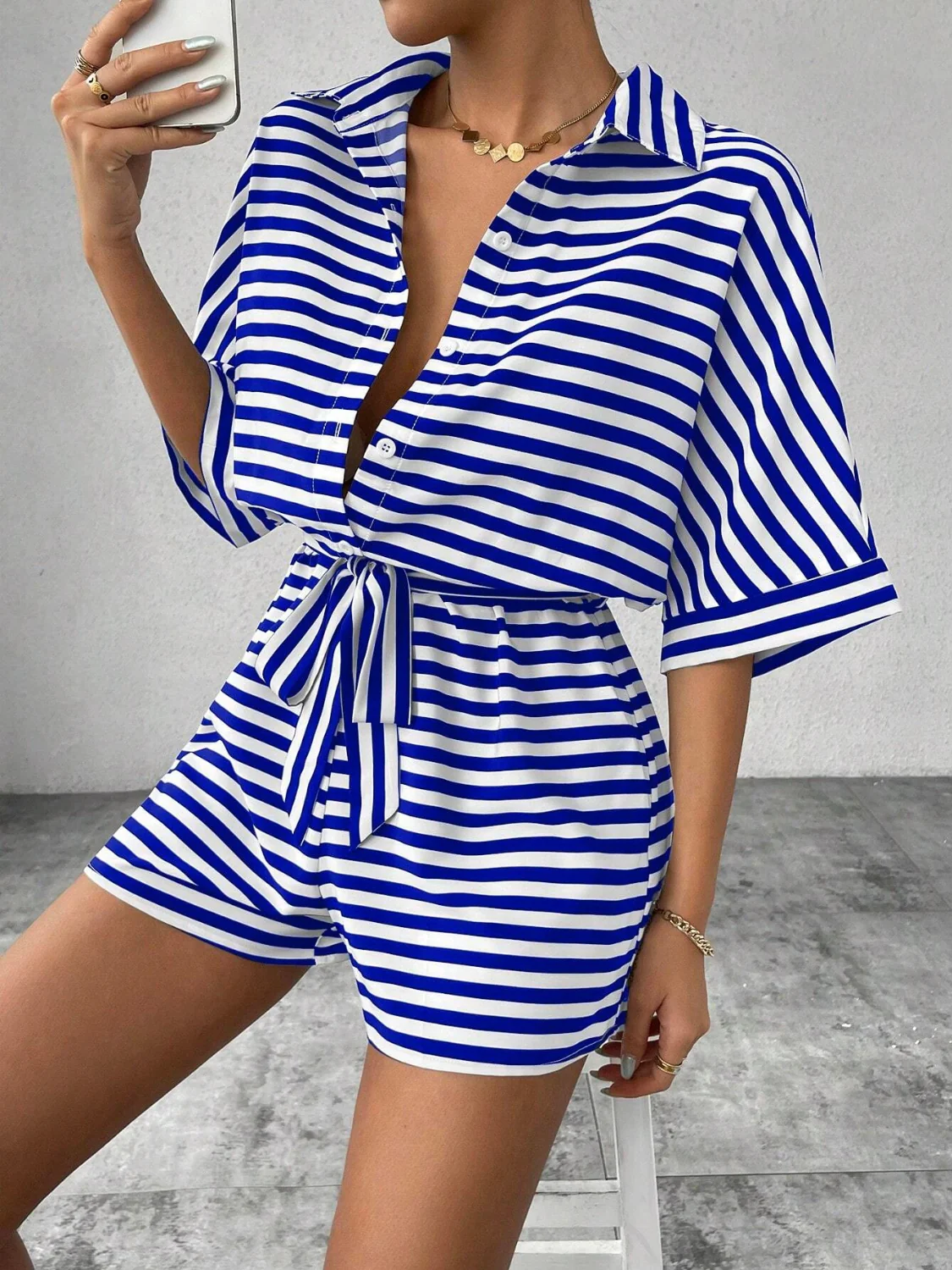 Tie Waist Half Button Striped Romper - Image 13