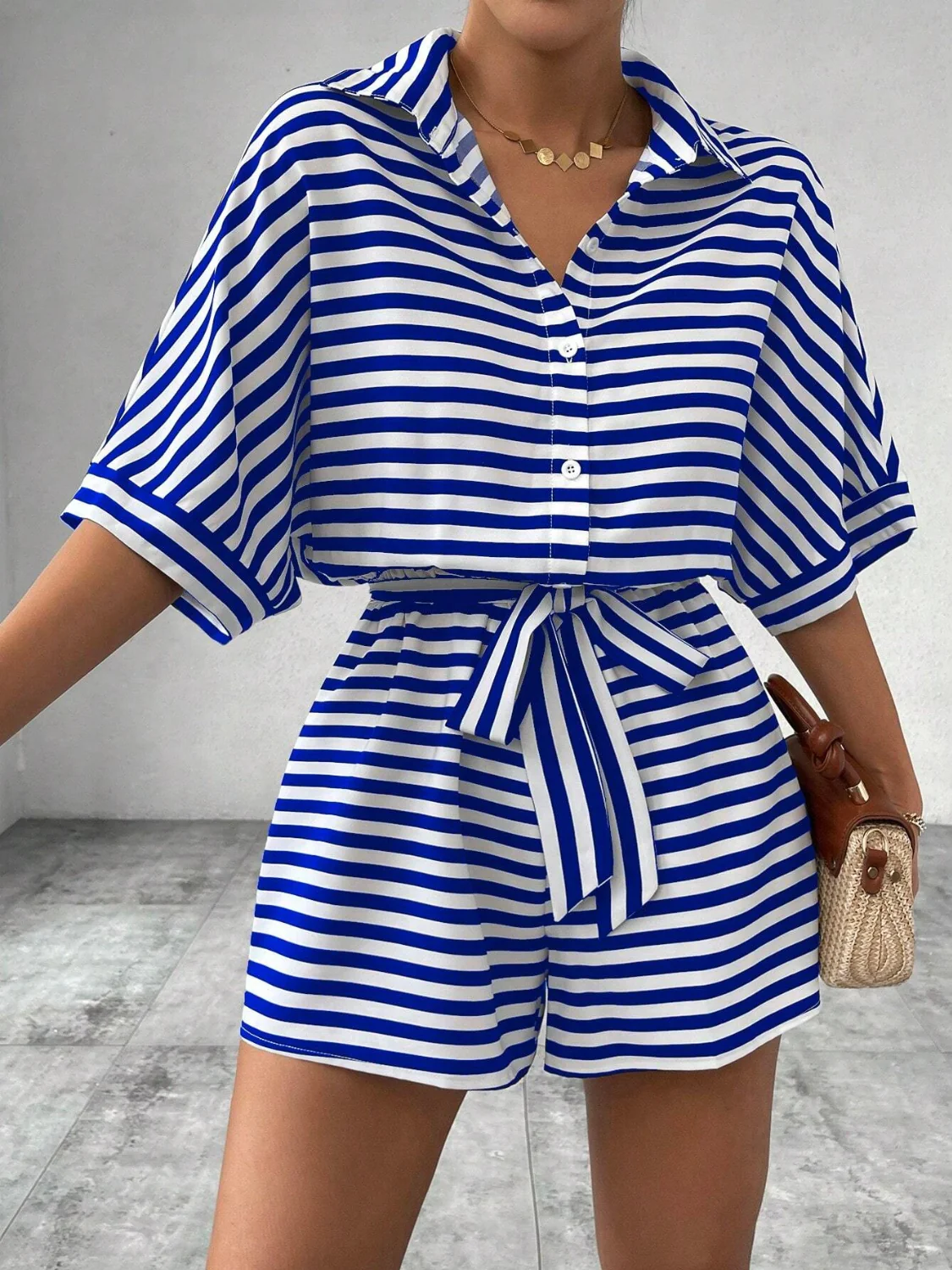Tie Waist Half Button Striped Romper - Image 14
